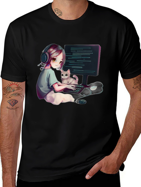 Gamer Girl Cat Lover Black T-Shirt