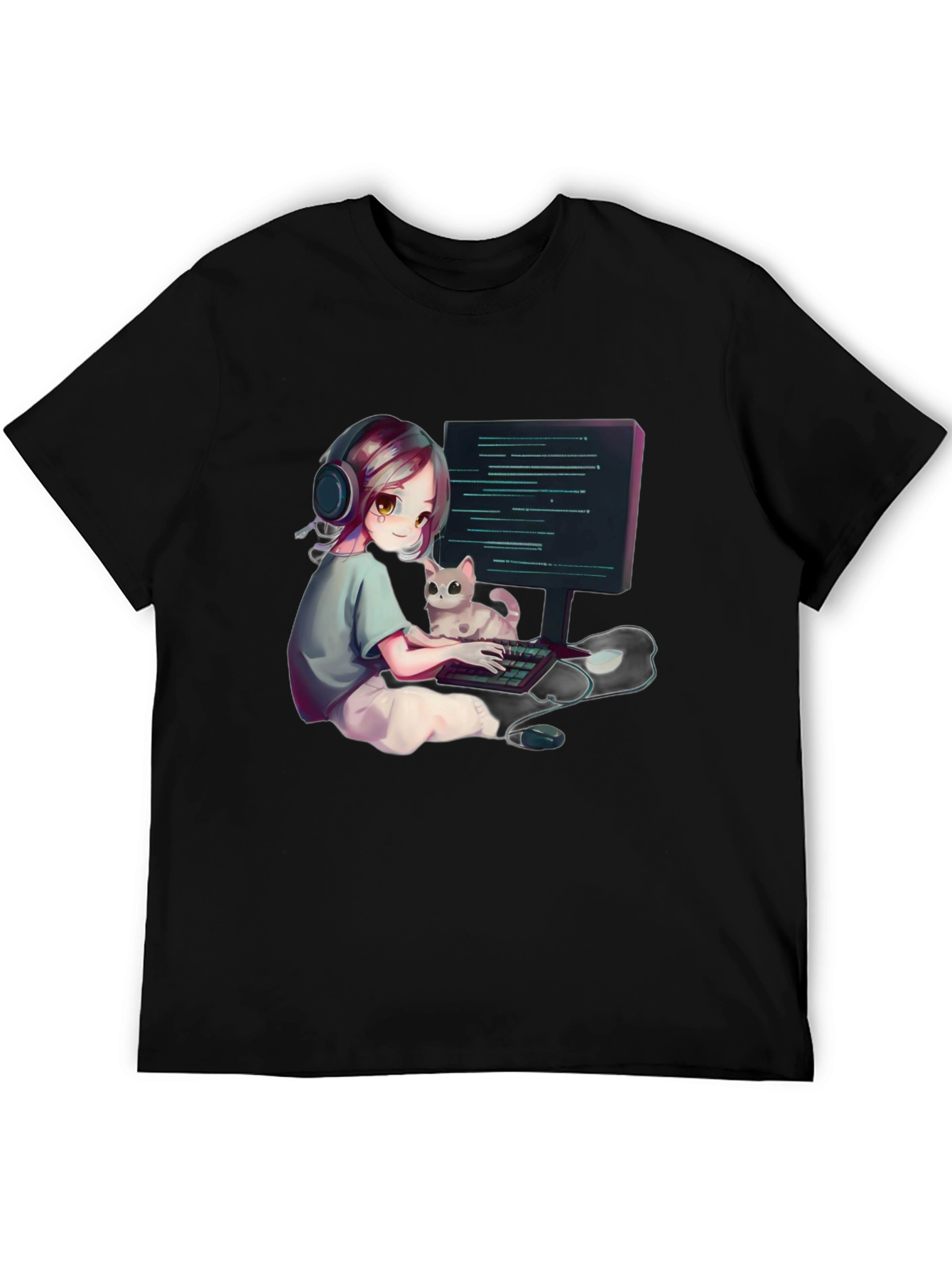Gamer Girl Cat Lover Black T-Shirt