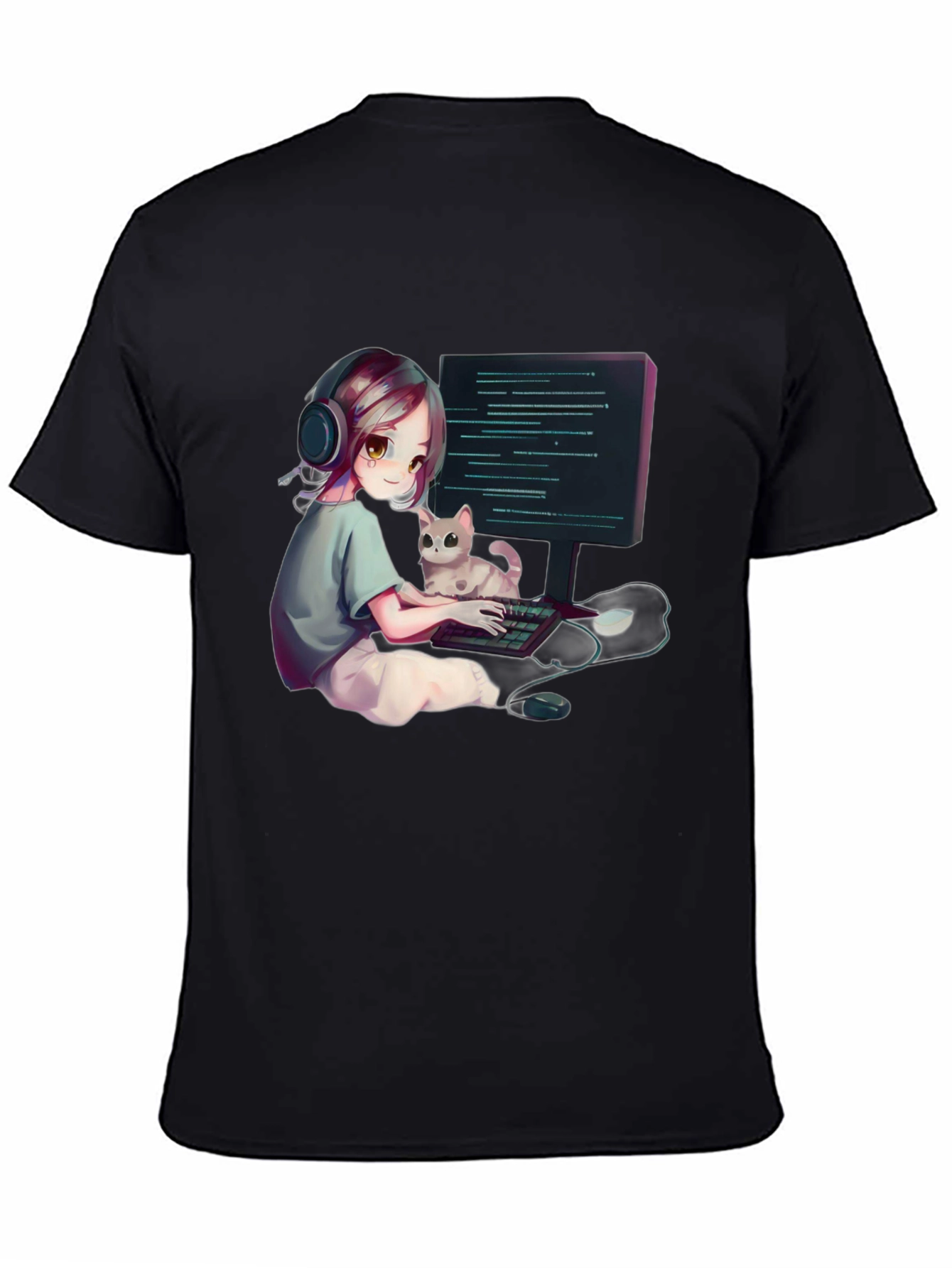 Gamer Girl Cat Lover Black T-Shirt