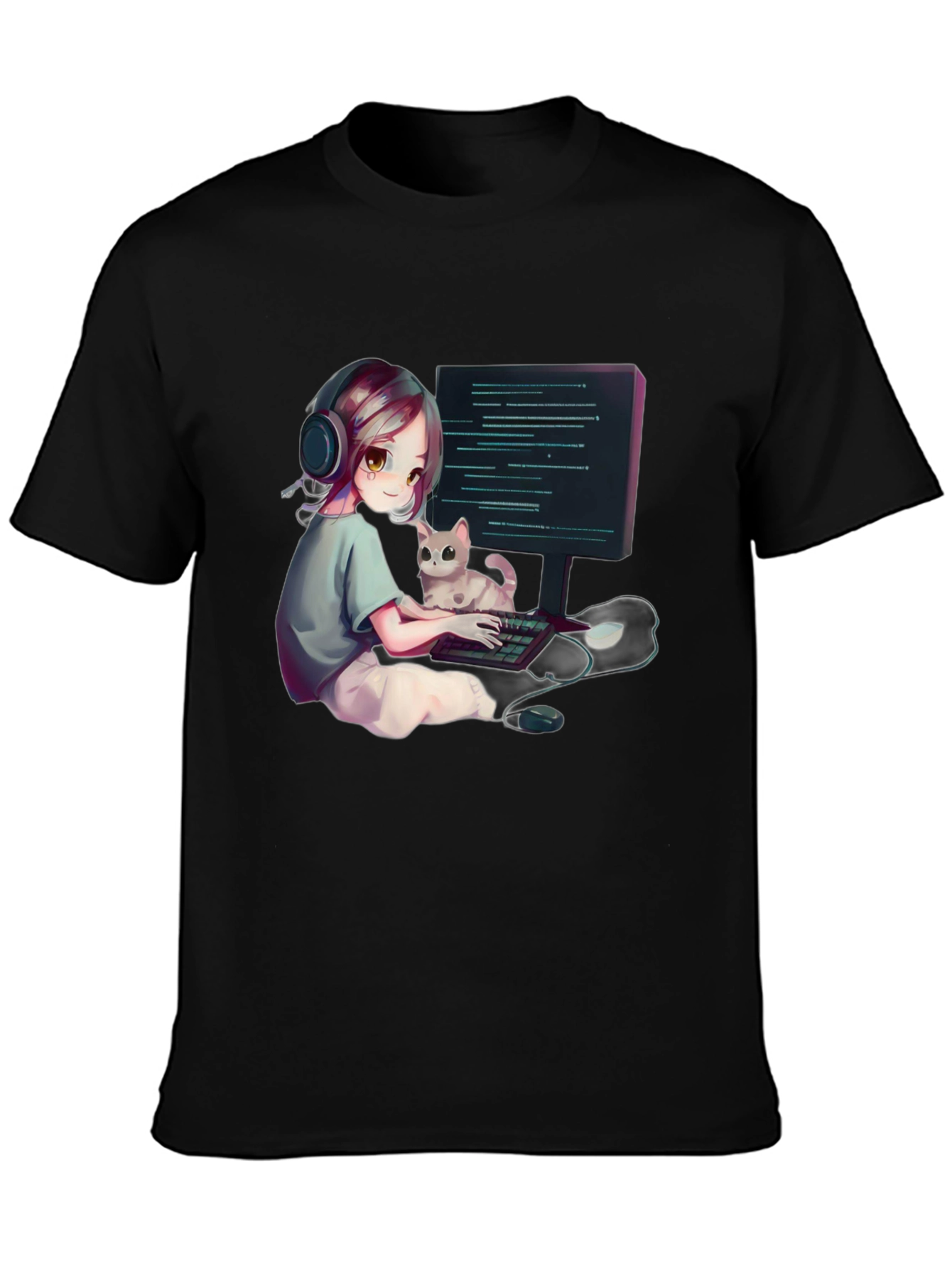 Gamer Girl Cat Lover Black T-Shirt