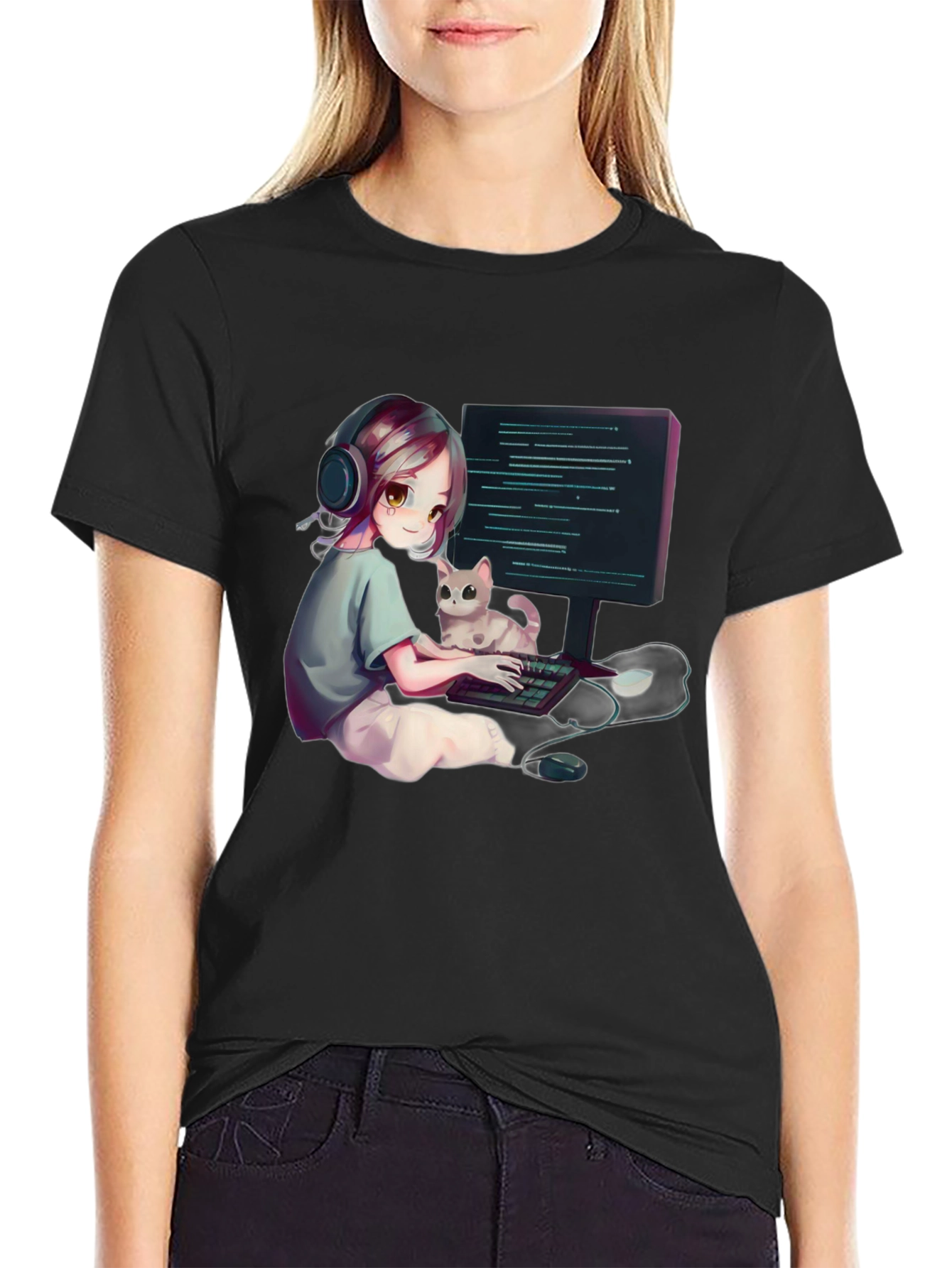 Gamer Girl Cat Lover Black T-Shirt
