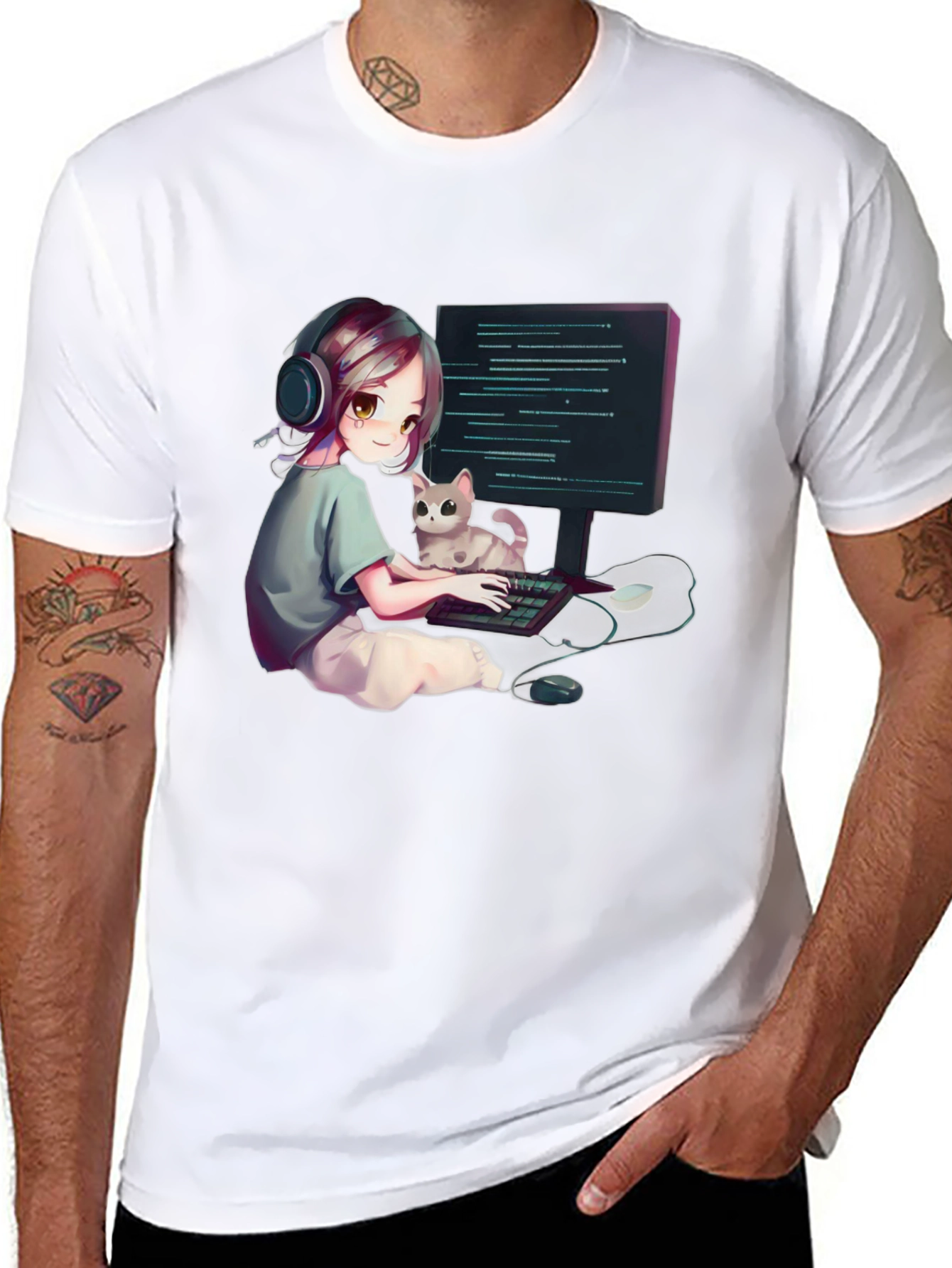 Gamer Girl Cat Lover Black T-Shirt