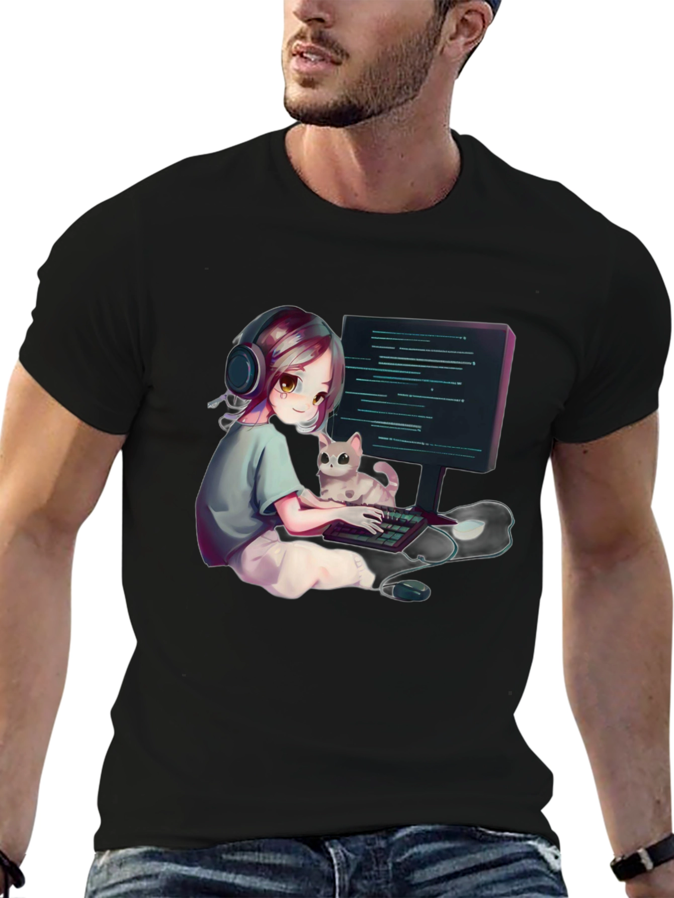Gamer Girl Cat Lover Black T-Shirt