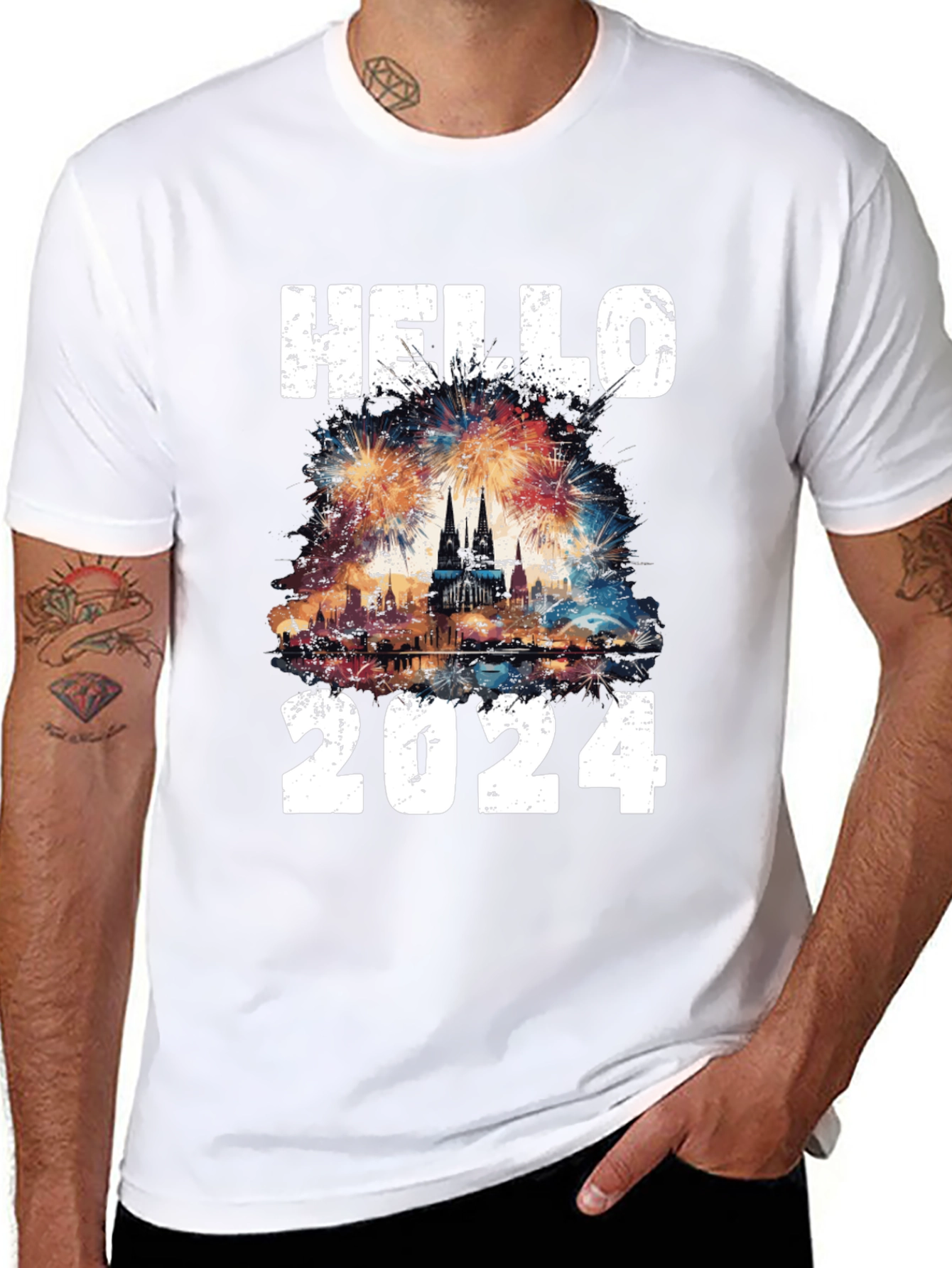 Hello 2024 Fireworks Graphic T-Shirt