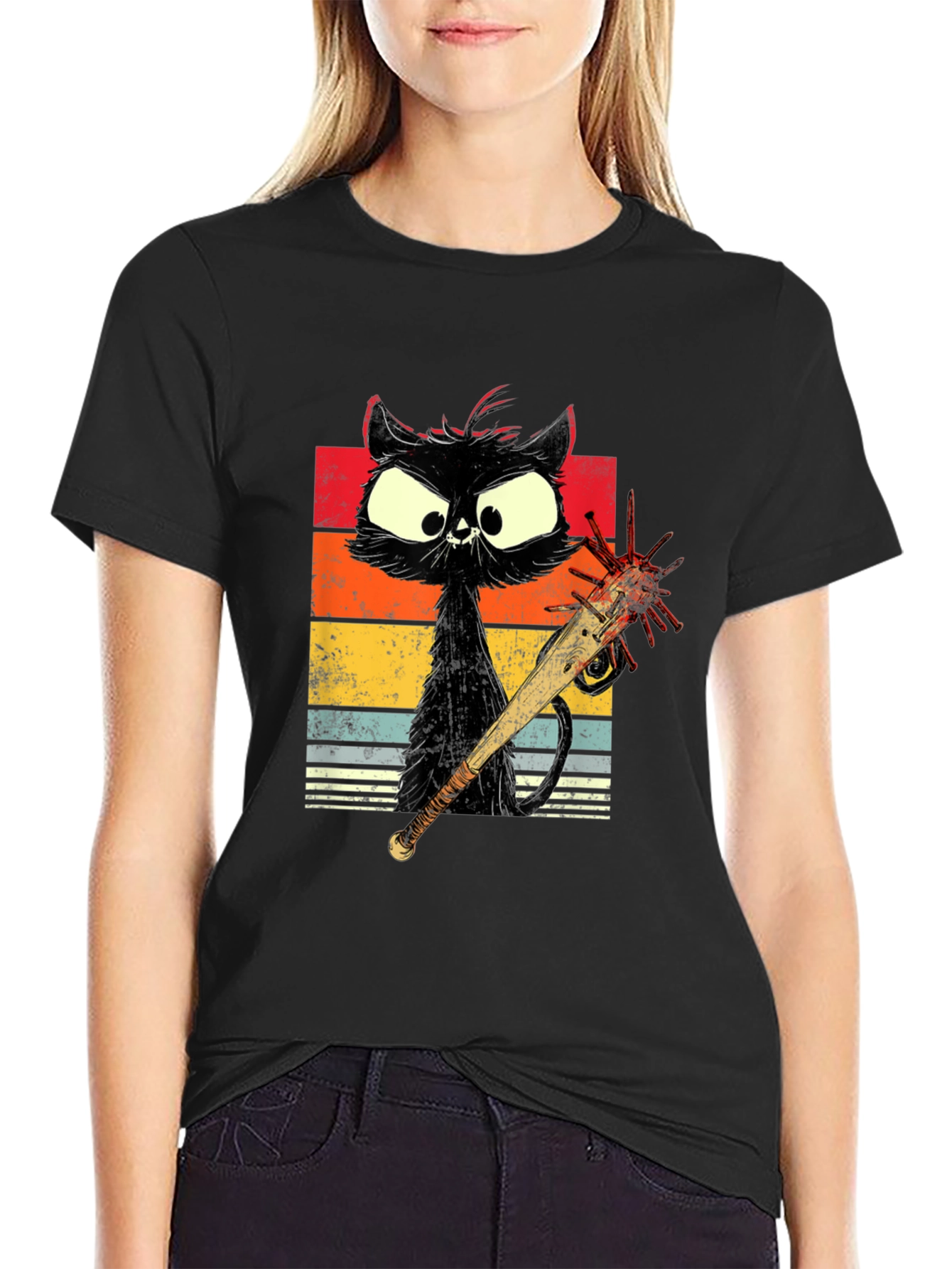Zombie Cat Baseball Bat Graphic Tee