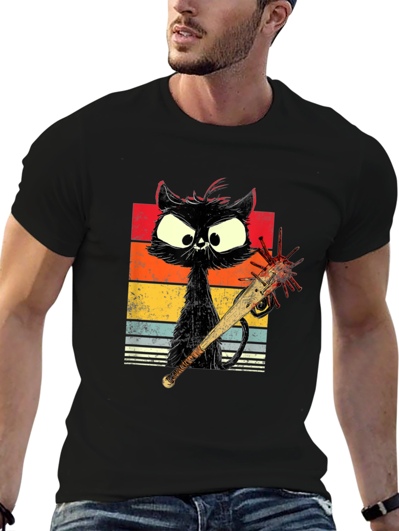 Zombie Cat Baseball Bat Graphic Tee