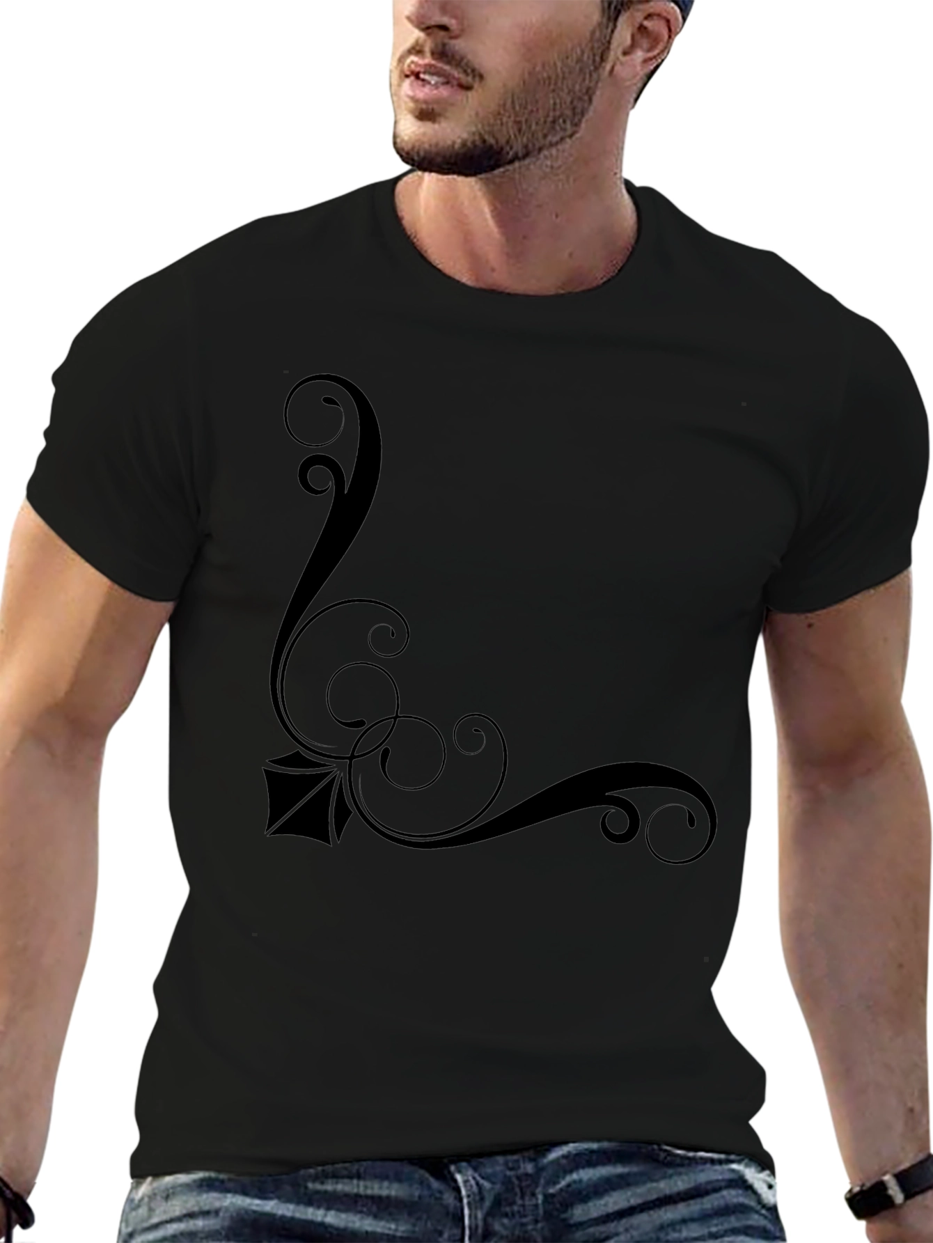 Elegant Black T-Shirt with Swirl Design