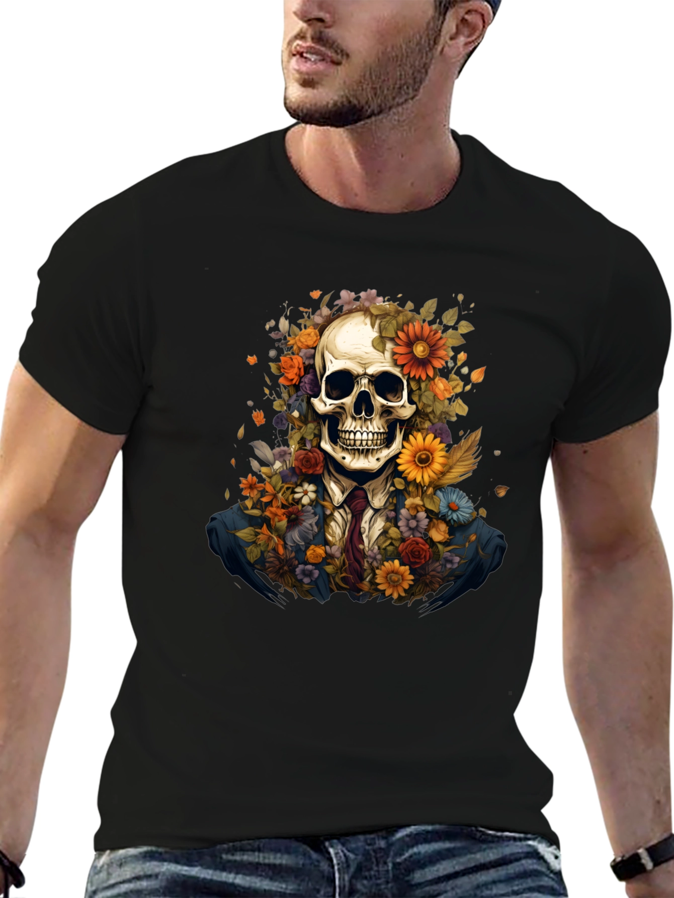 Floral Skull Graphic Tee - Unique Art Design