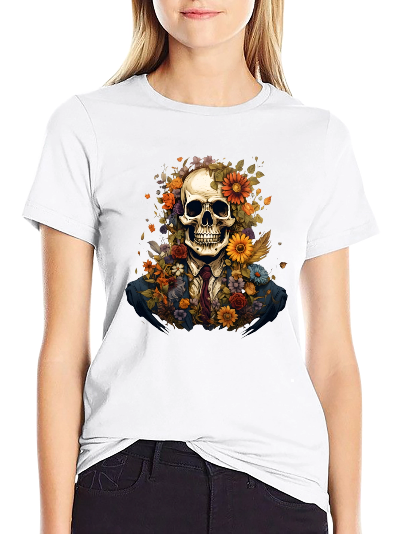 Floral Skull Graphic Tee - Unique Art Design