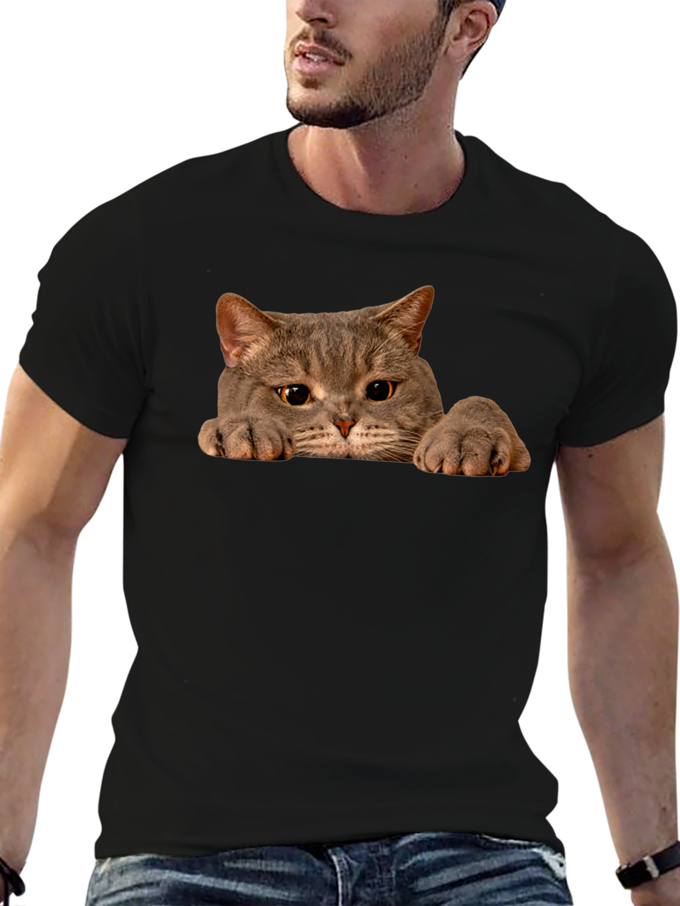 Cat Peeking Black T-Shirt - Novelty Graphic Tee