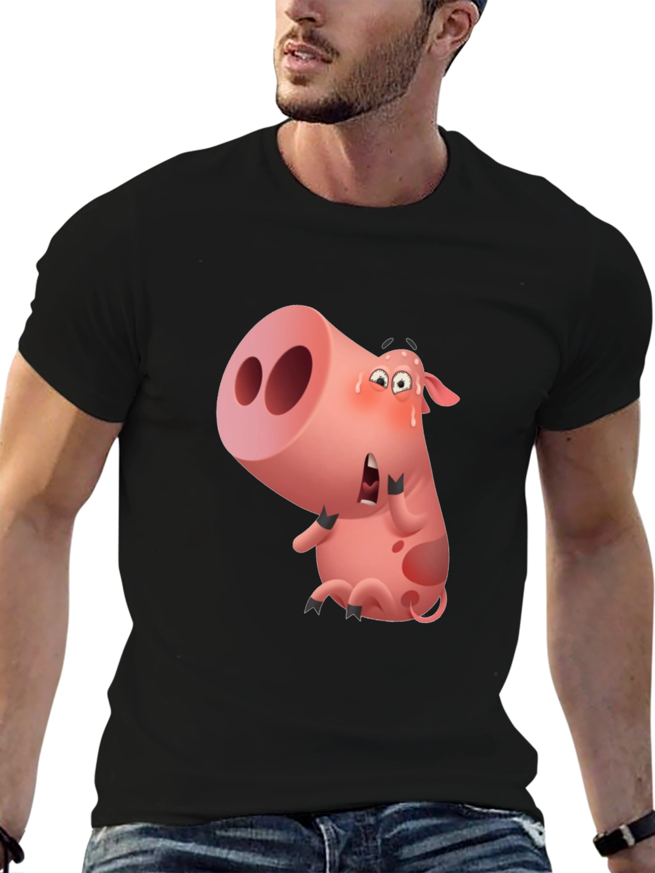 Cartoon Pig Graphic Black T-Shirt