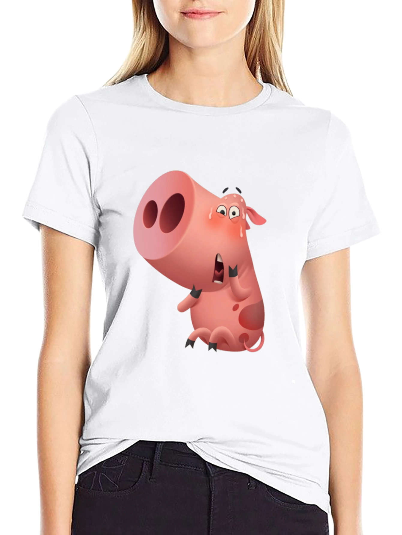 Cartoon Pig Graphic Black T-Shirt