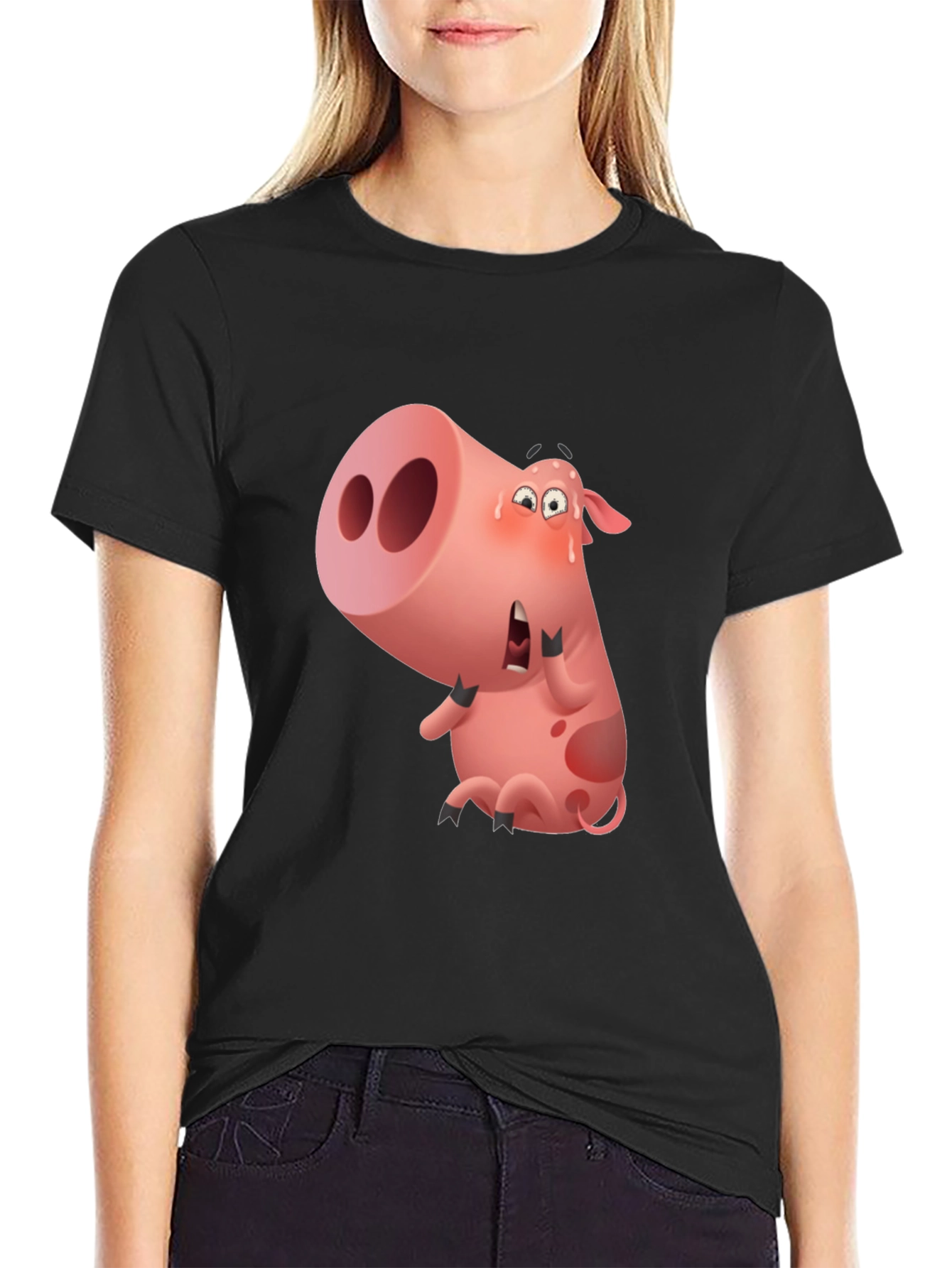 Cartoon Pig Graphic Black T-Shirt