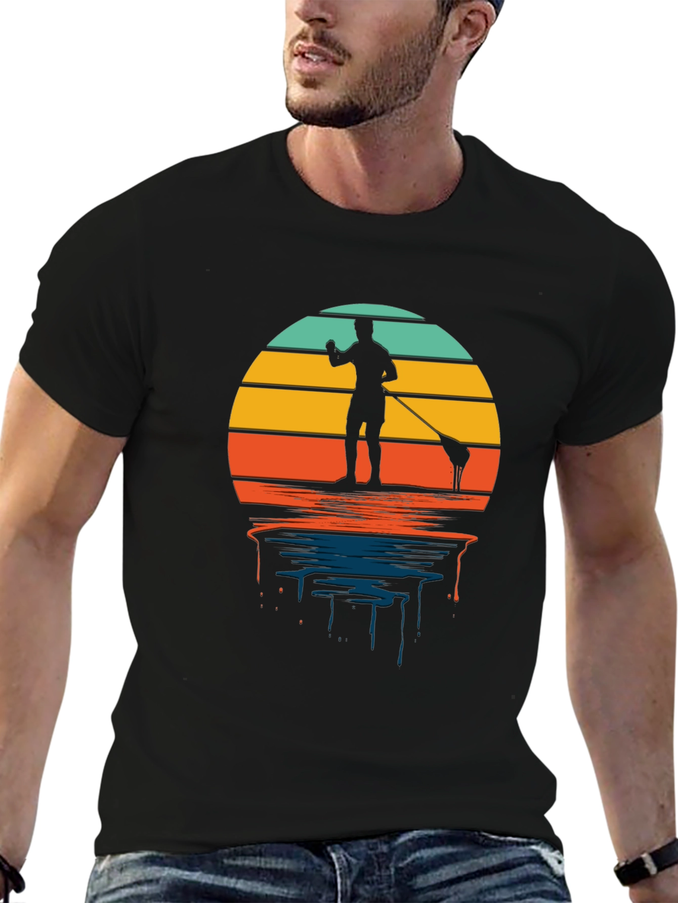 Retro Paddle Boarding T-Shirt - Sunset Design