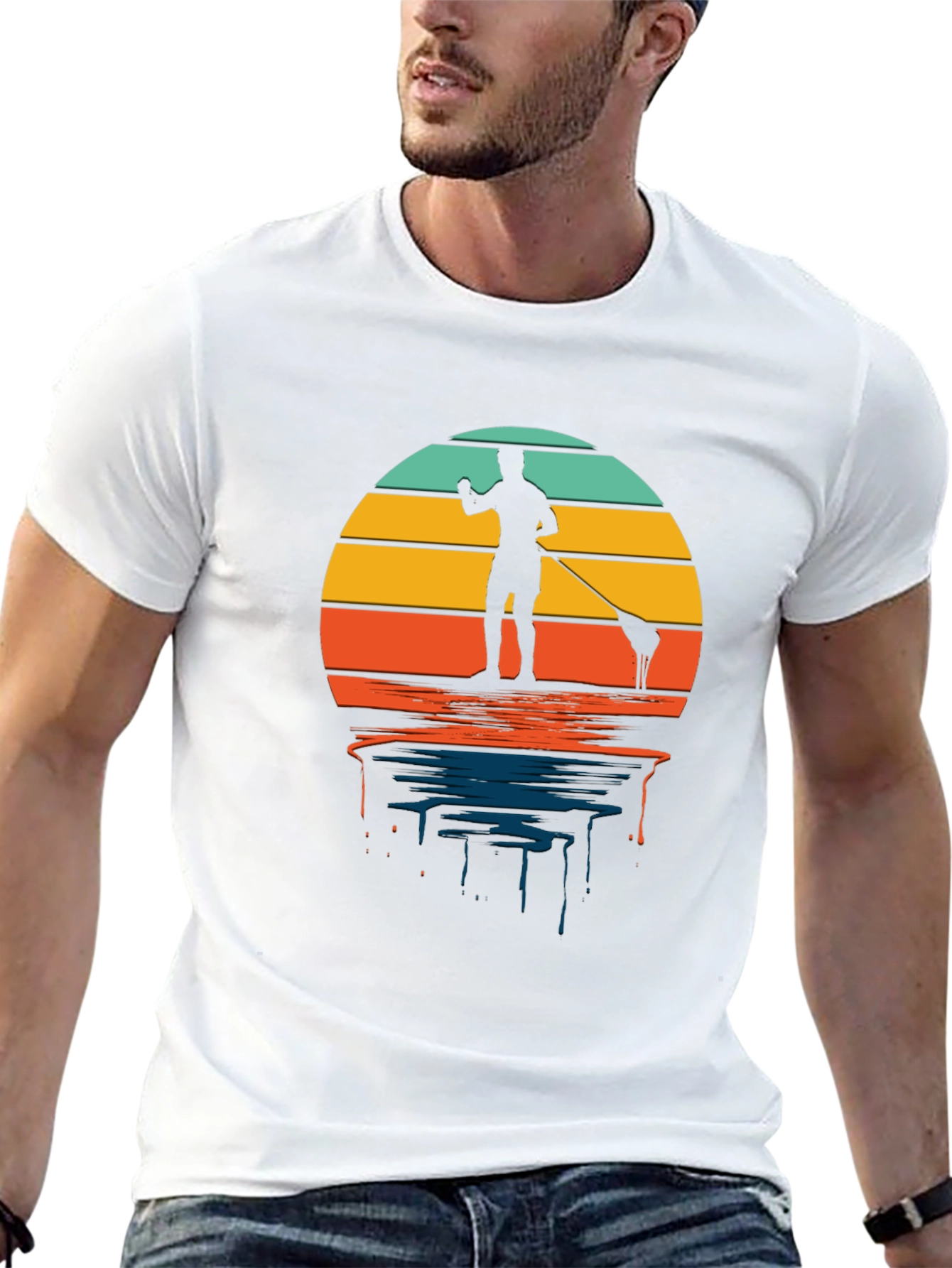 Retro Paddle Boarding T-Shirt - Sunset Design