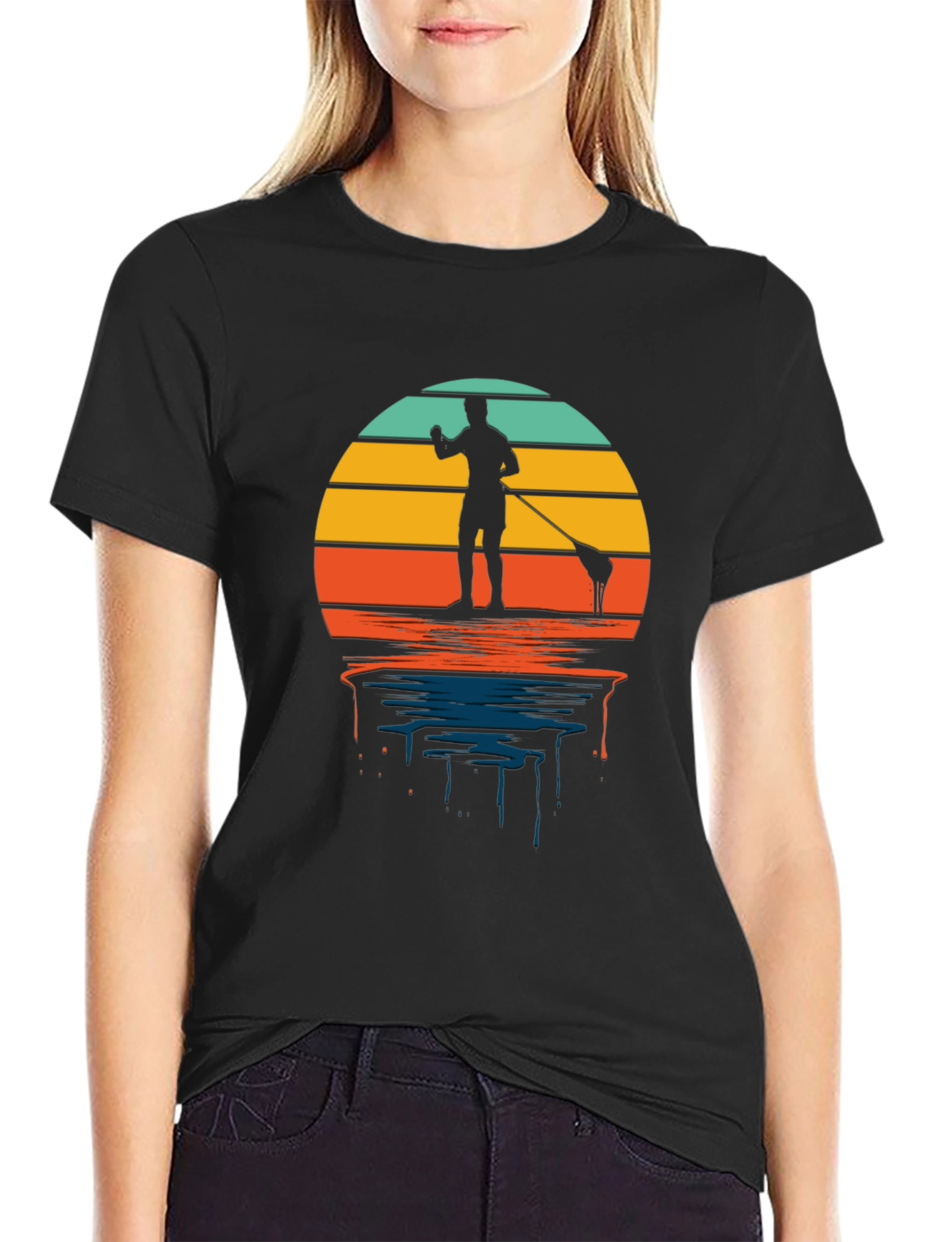 Retro Paddle Boarding T-Shirt - Sunset Design