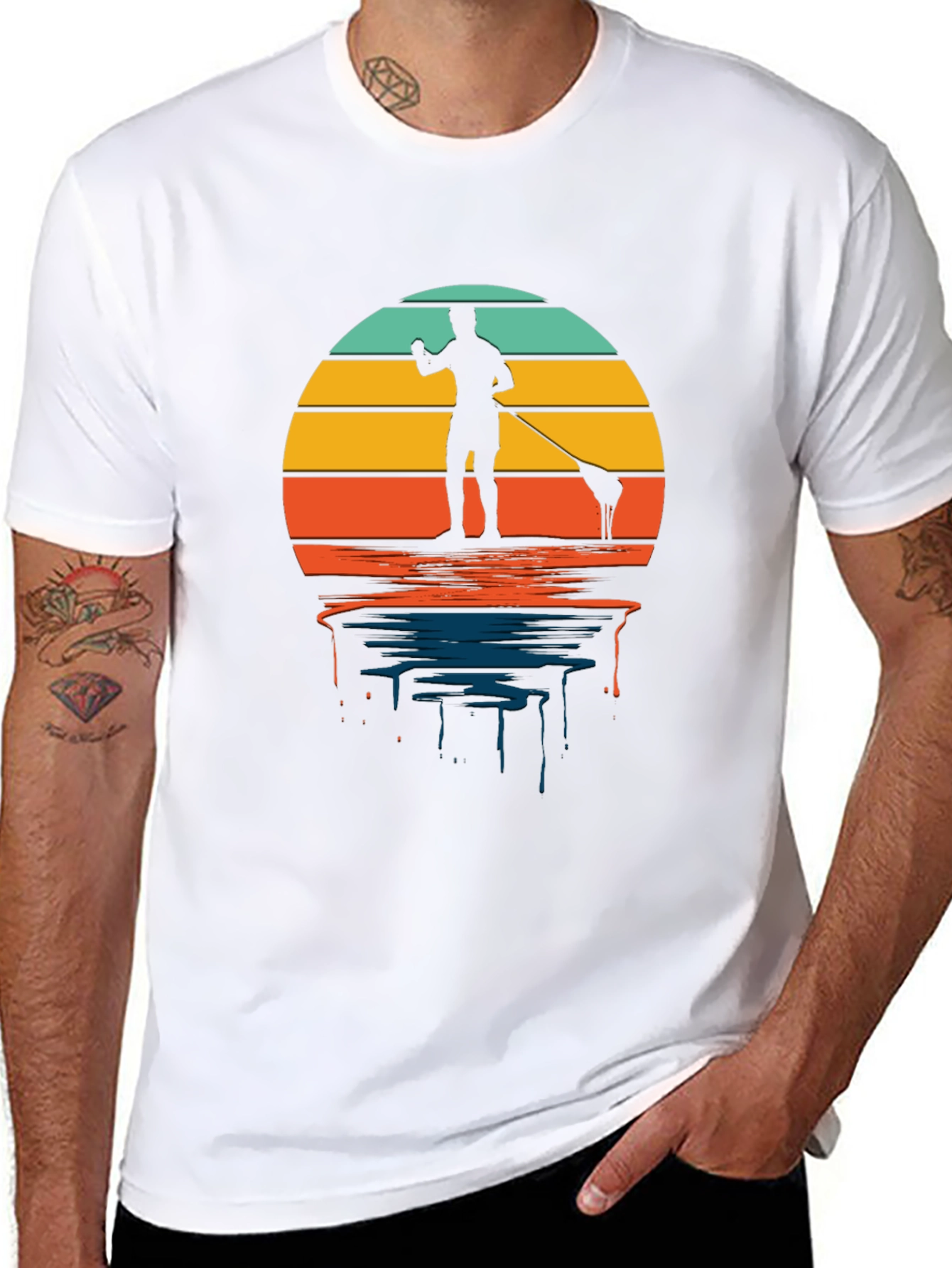 Retro Paddle Boarding T-Shirt - Sunset Design