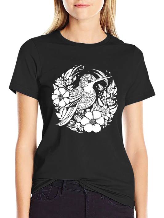 Hummingbird Floral Graphic Tee - Stylish Black T-Shirt