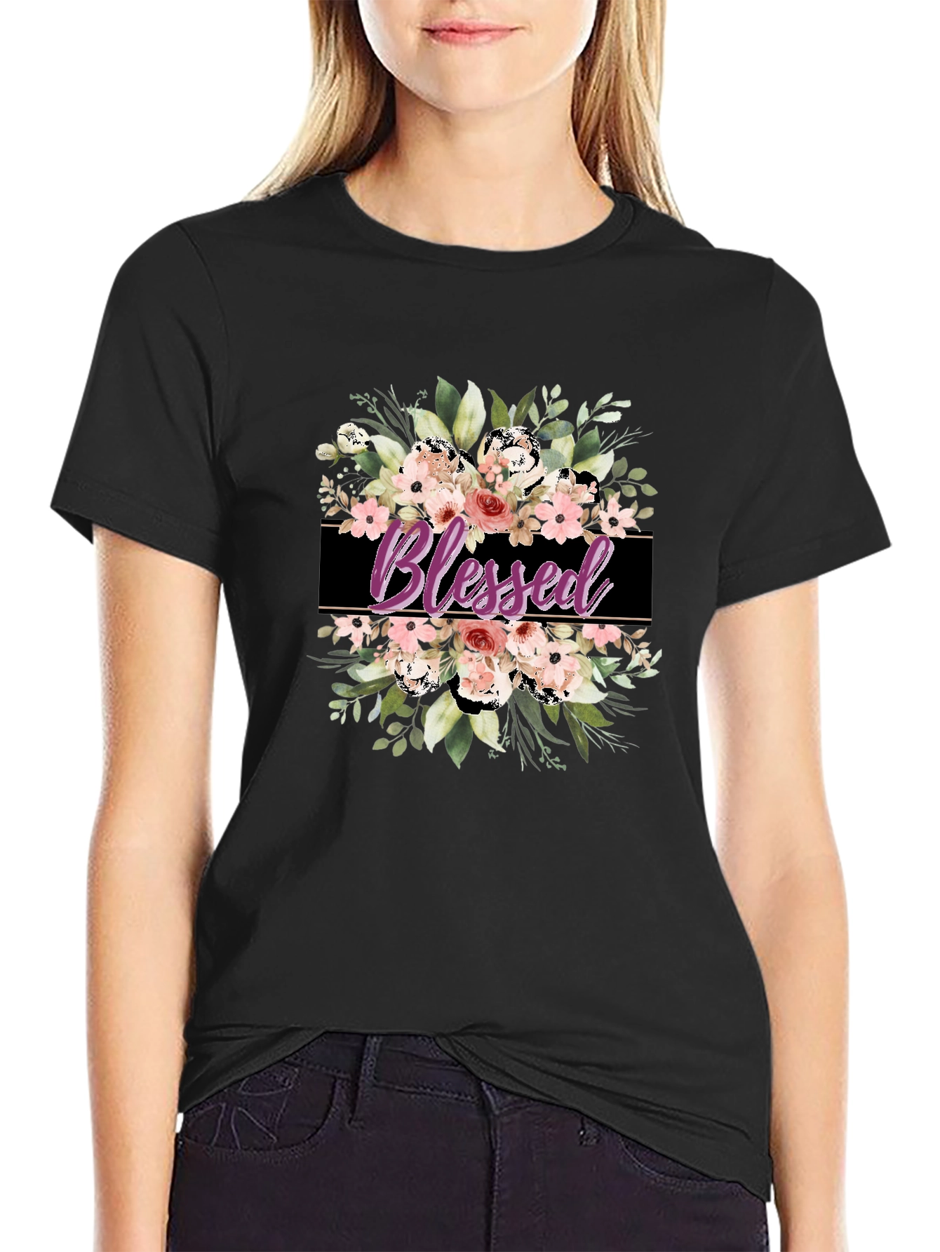 Blessed Floral Graphic T-Shirt - Black