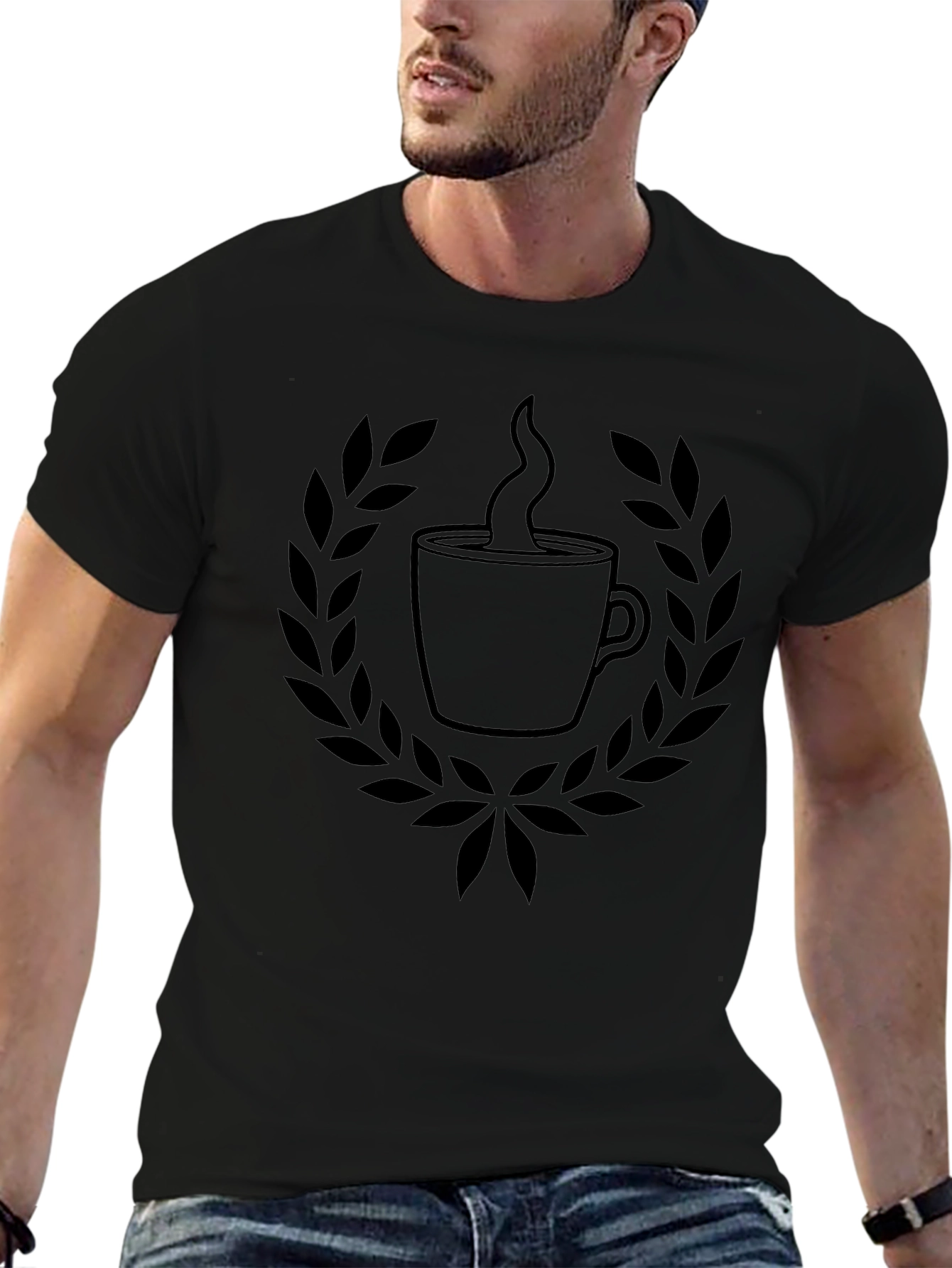 Coffee Cup Laurel Wreath Black T-Shirt