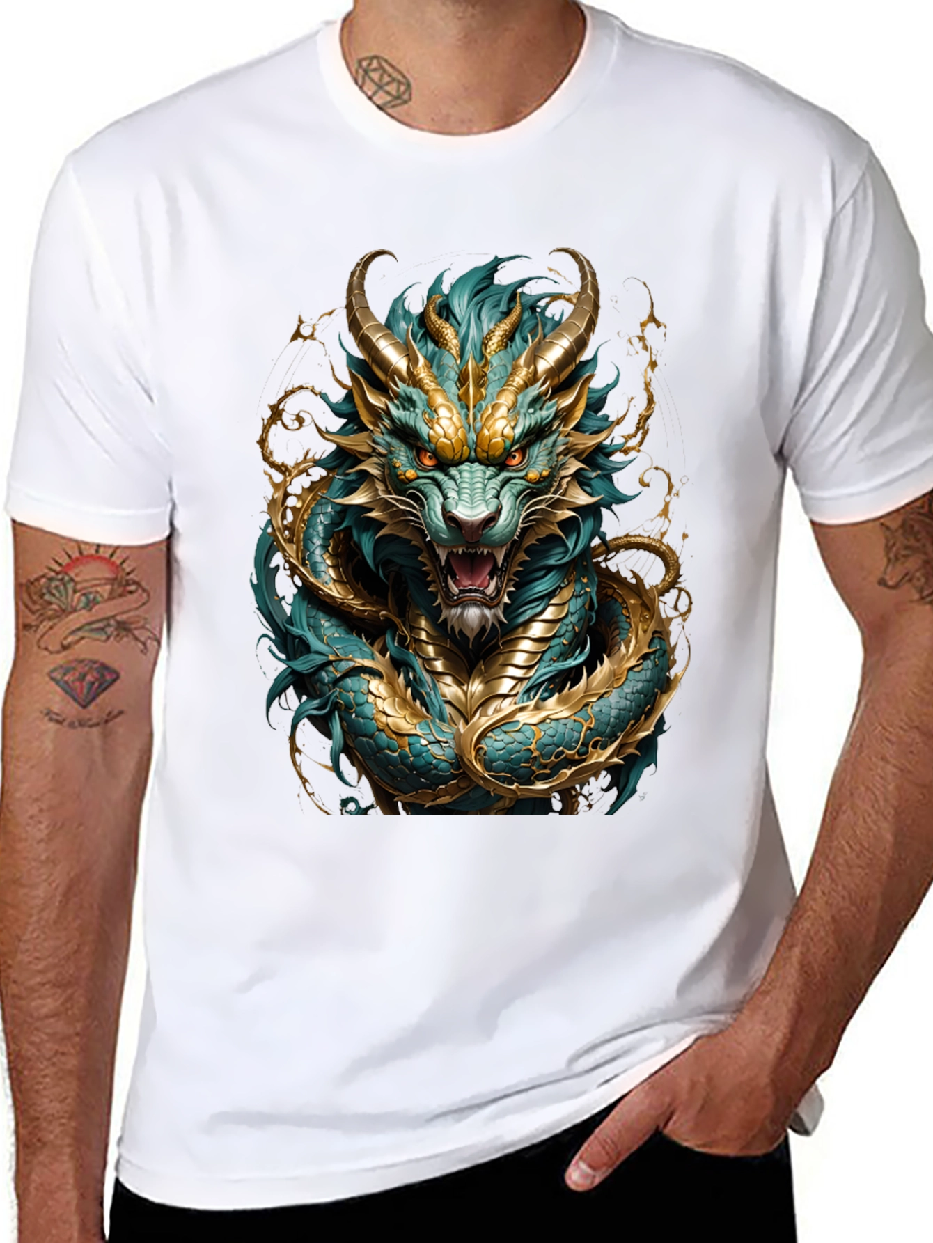 Dragon T-Shirt - Turquoise and Gold Graphic Tee