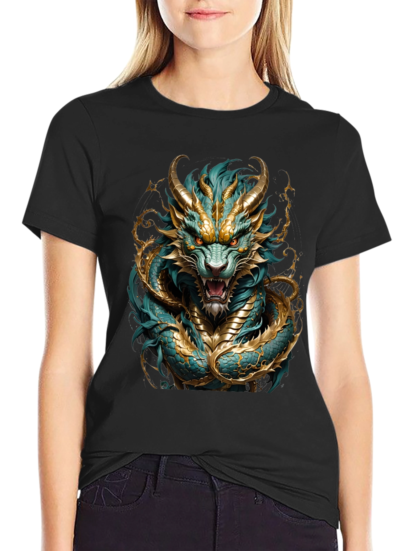 Dragon T-Shirt - Turquoise and Gold Graphic Tee