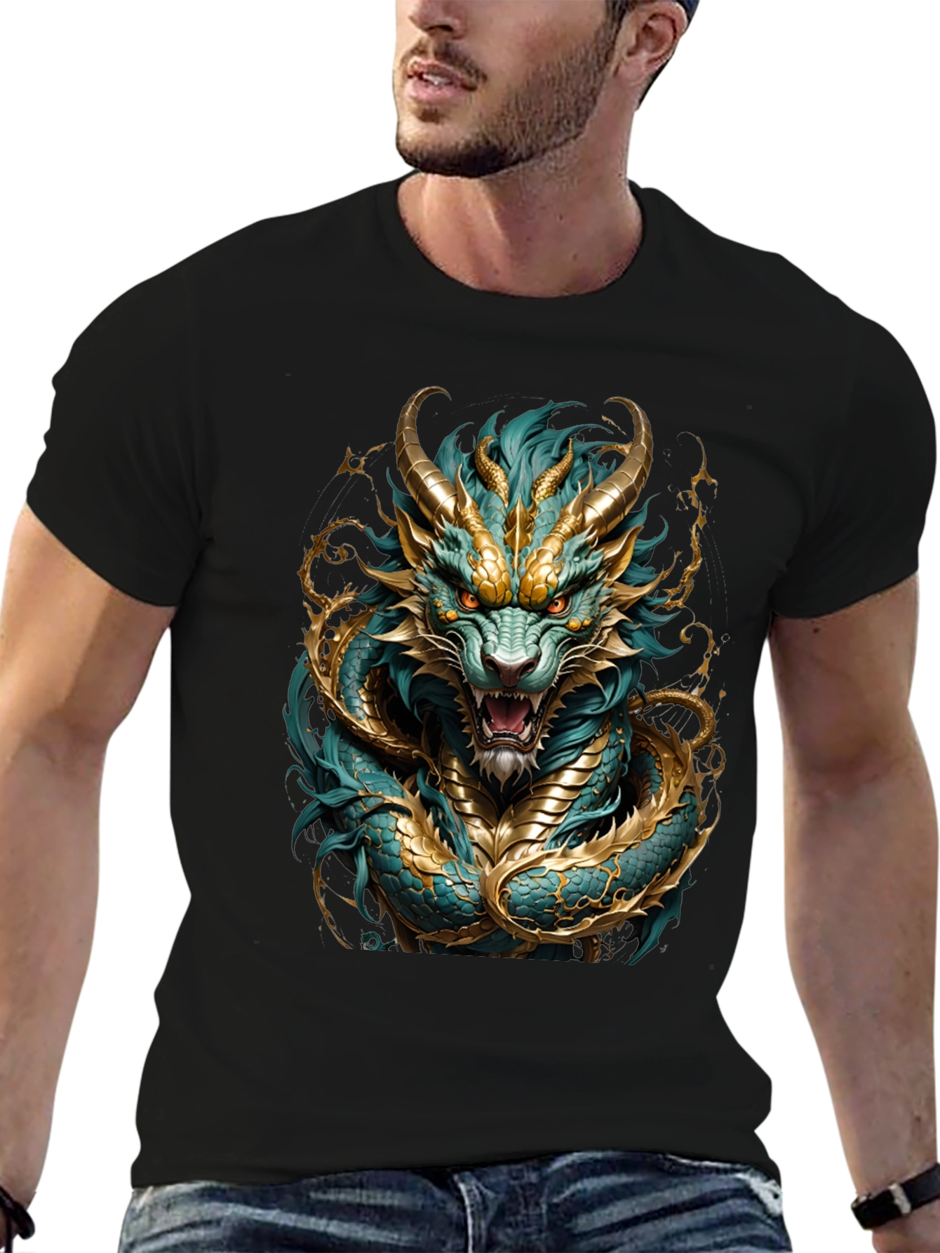 Dragon T-Shirt - Turquoise and Gold Graphic Tee