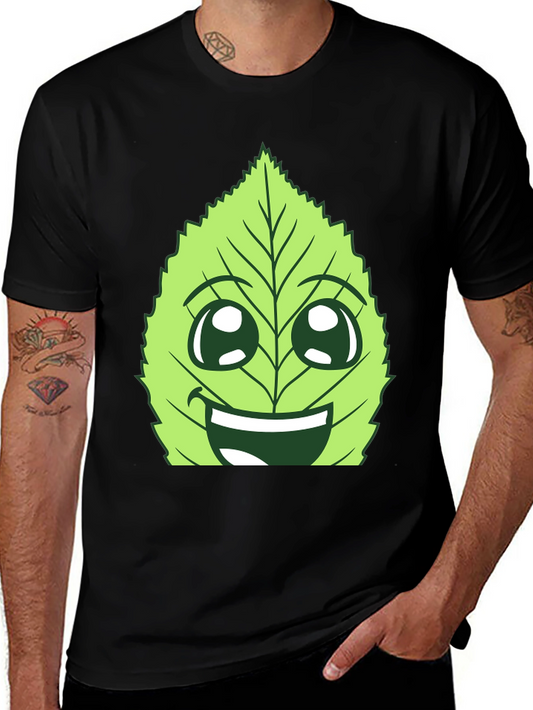 Funny Leaf Face Graphic T-Shirt - Black Cotton Tee