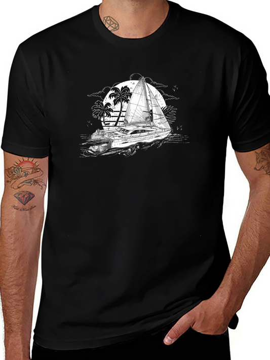 Black T-Shirt with Sailing Boat Graphic