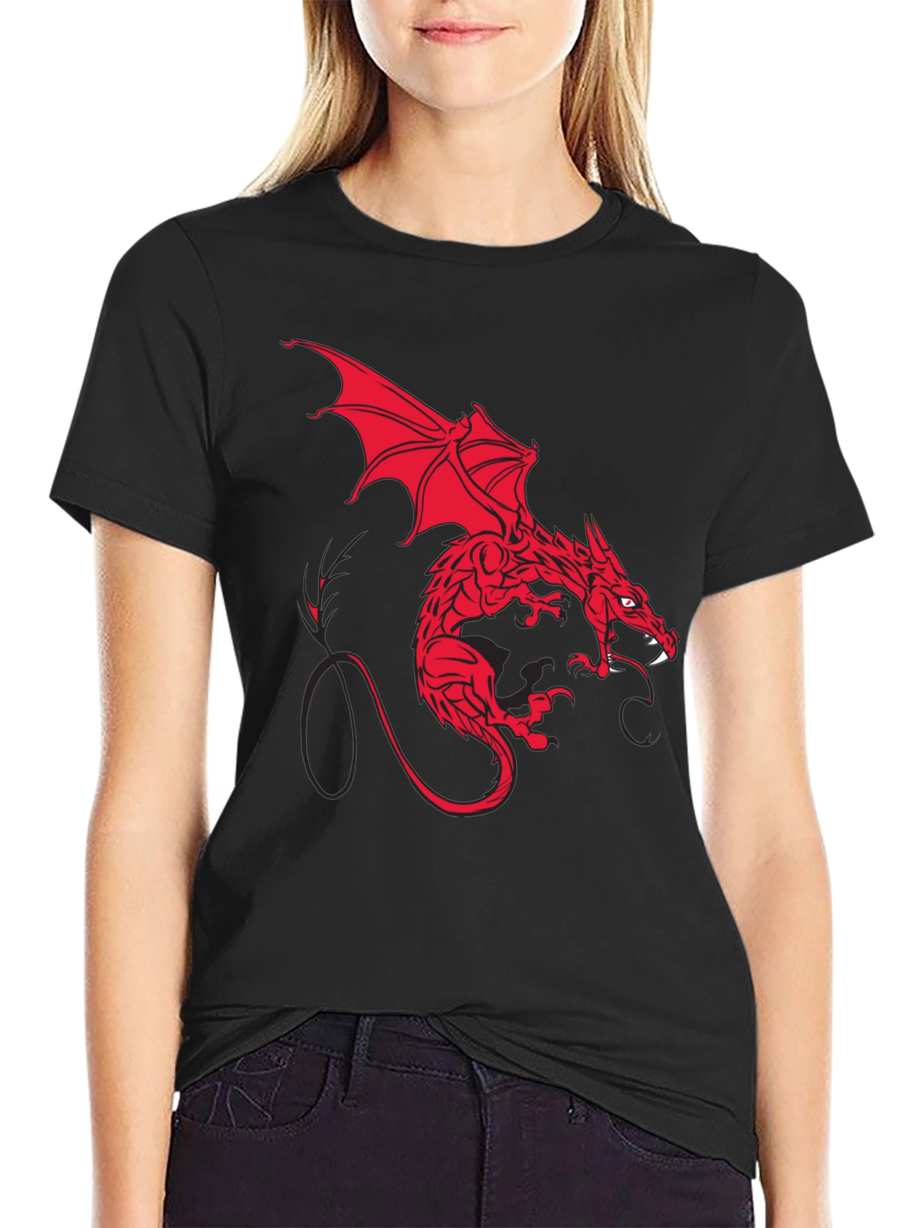 Red Dragon Graphic Print Black T-Shirt
