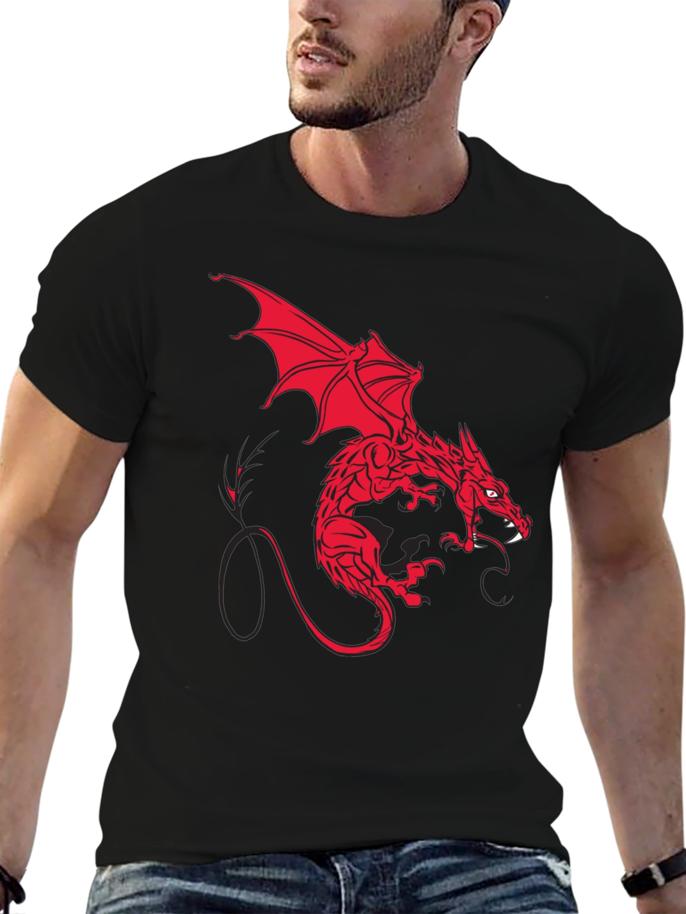 Red Dragon Graphic Print Black T-Shirt