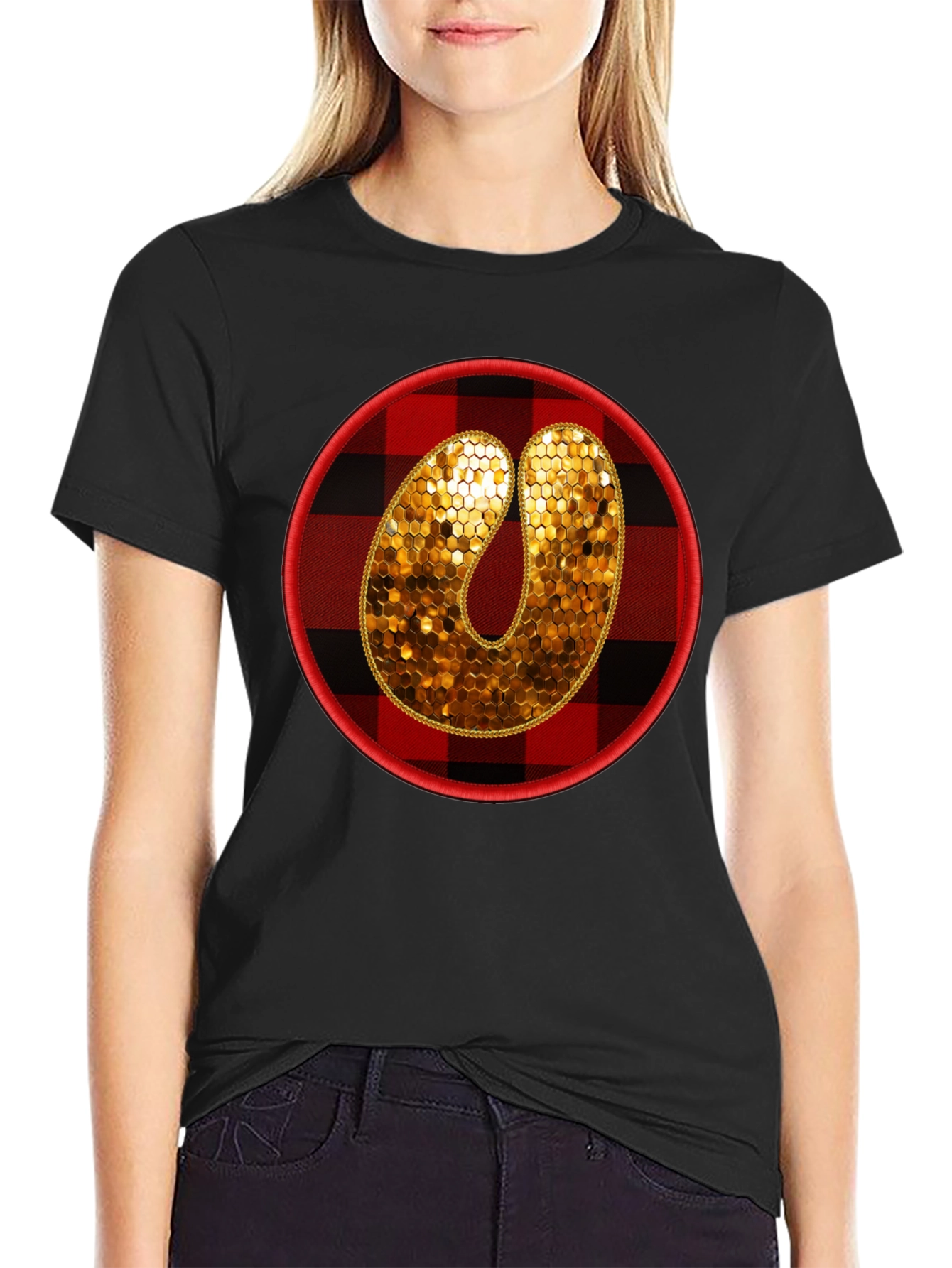 Plaid Letter O Sequin Graphic Tee
