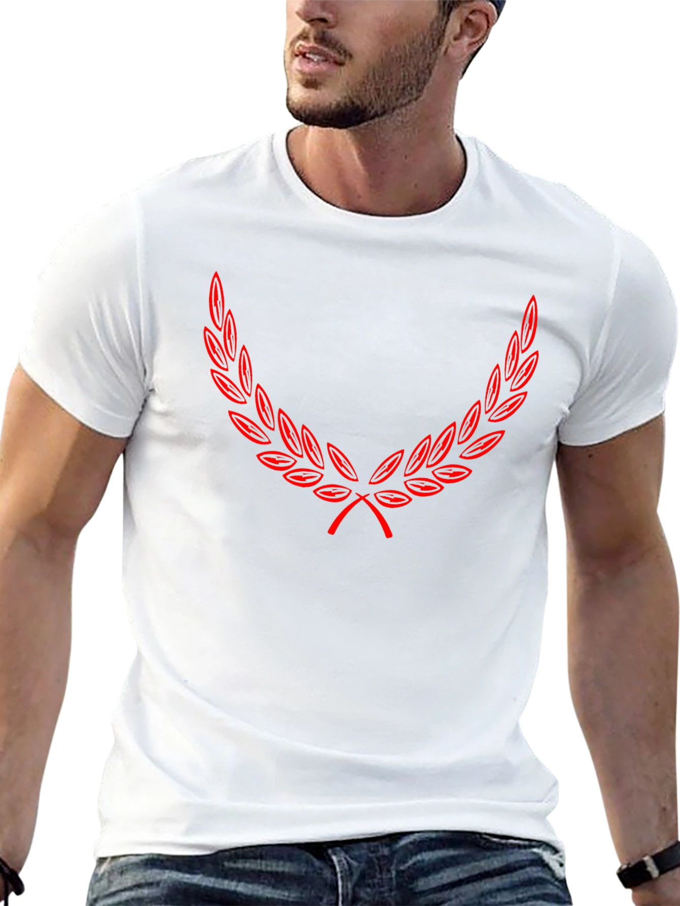 Black T-Shirt with Red Laurel Wreath Design