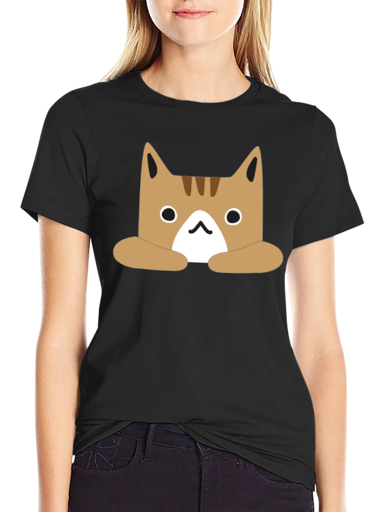 Cute Cartoon Cat Graphic Black T-Shirt