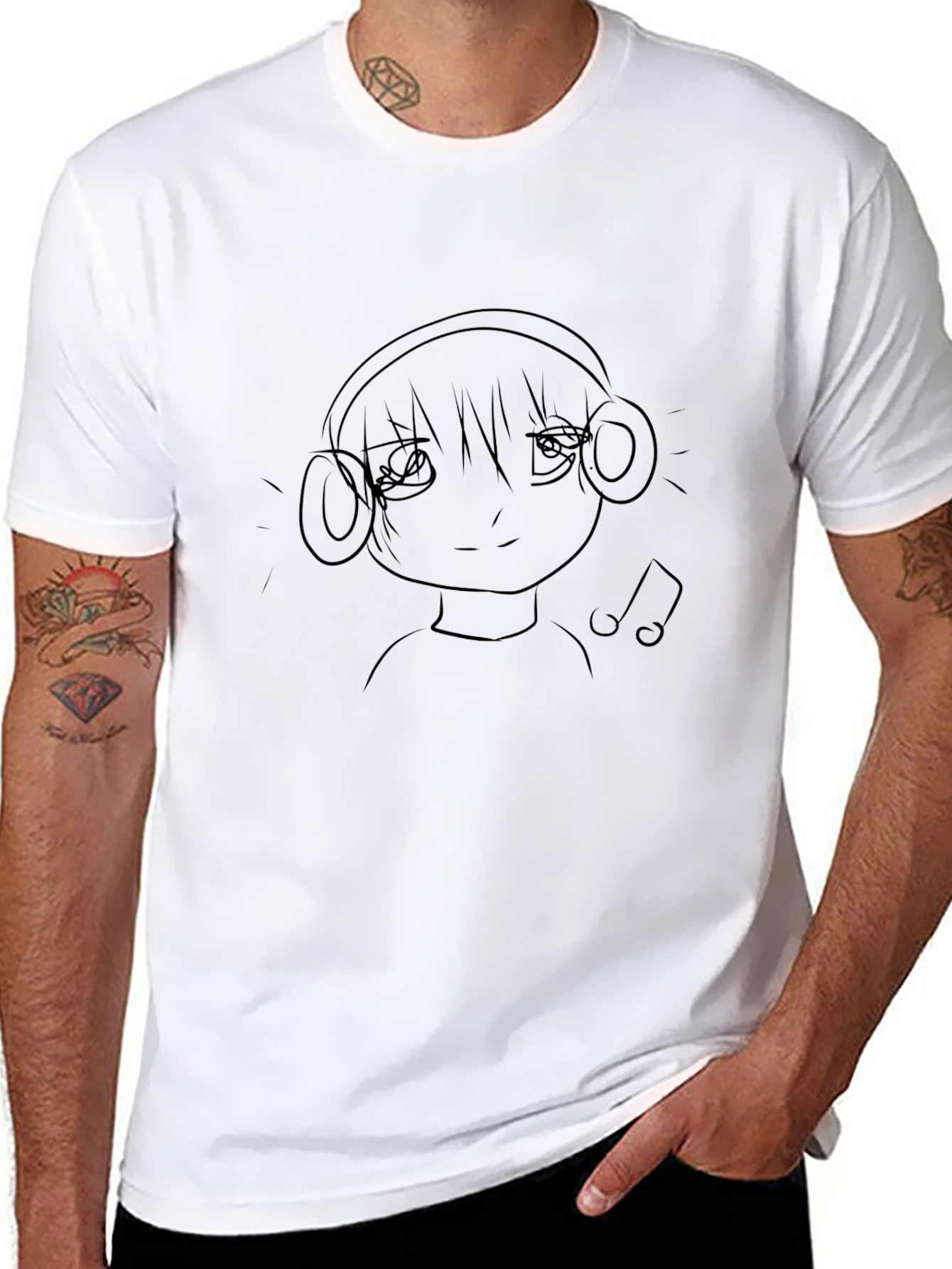 Anime Girl with Headphones Black Graphic Tee
