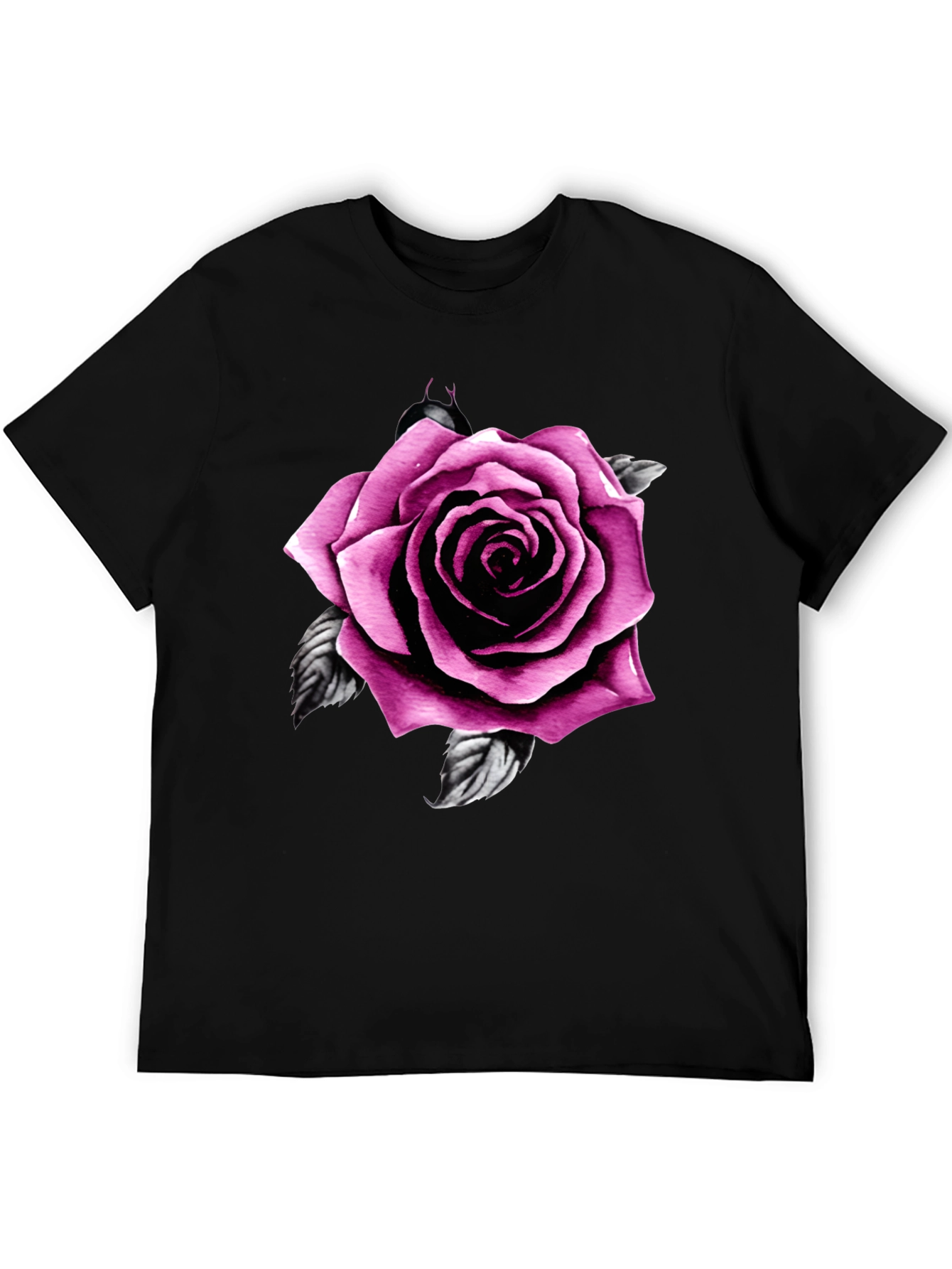 Mens Black T-Shirt with Pink Rose Design