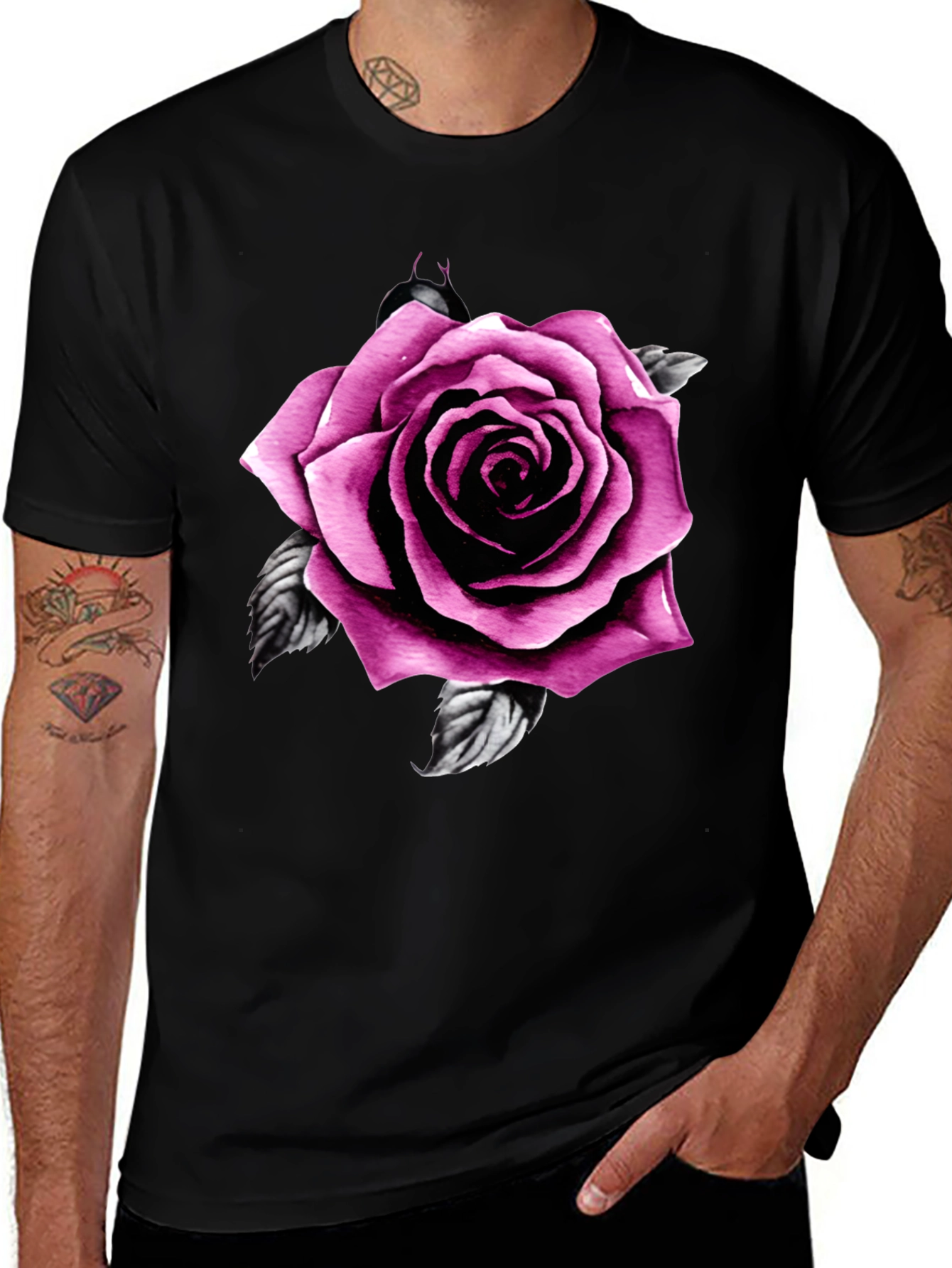 Mens Black T-Shirt with Pink Rose Design