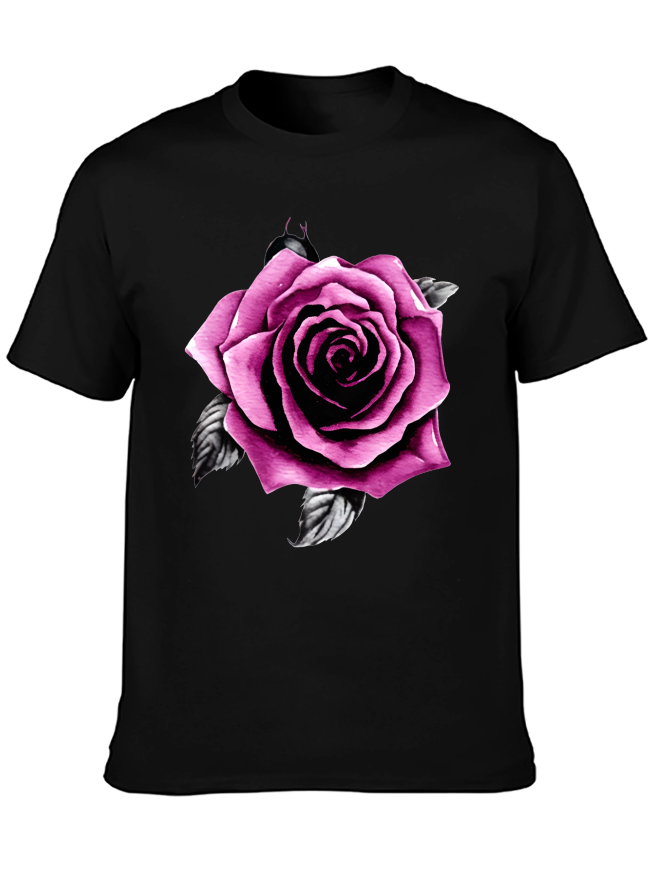 Mens Black T-Shirt with Pink Rose Design
