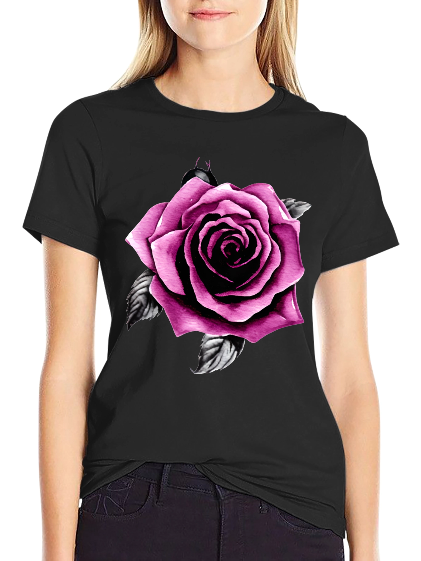 Mens Black T-Shirt with Pink Rose Design