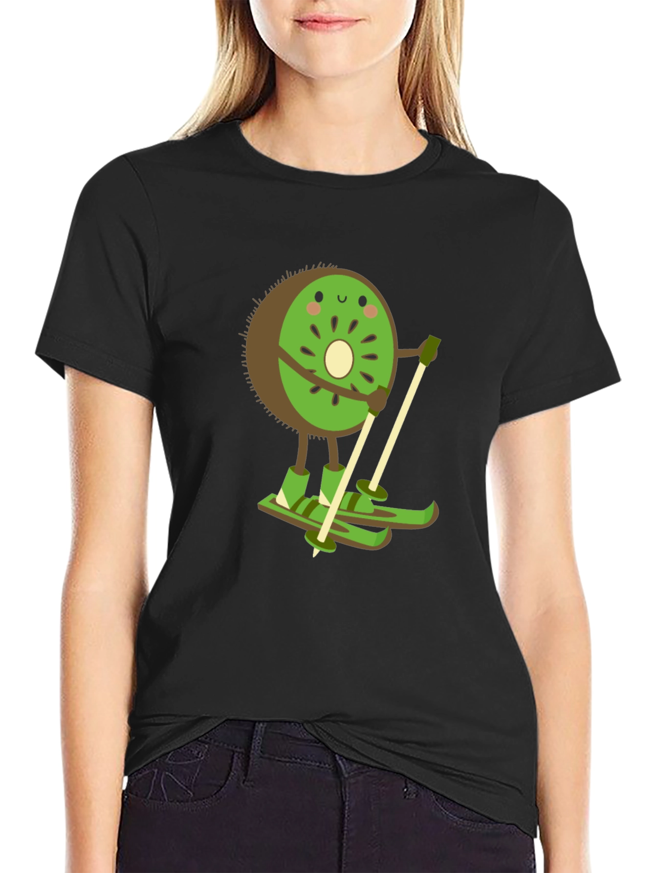 Kiwi Skiing Graphic Tee - Black Cotton T-Shirt