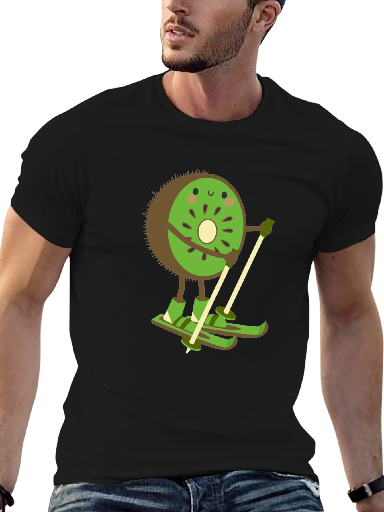 Kiwi Skiing Graphic Tee - Black Cotton T-Shirt