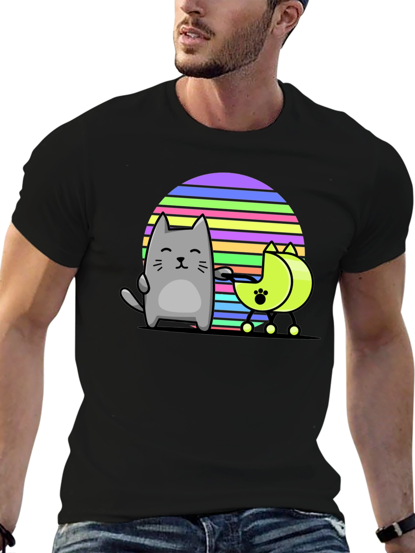 Cool Cat and Moon T-Shirt - Black
