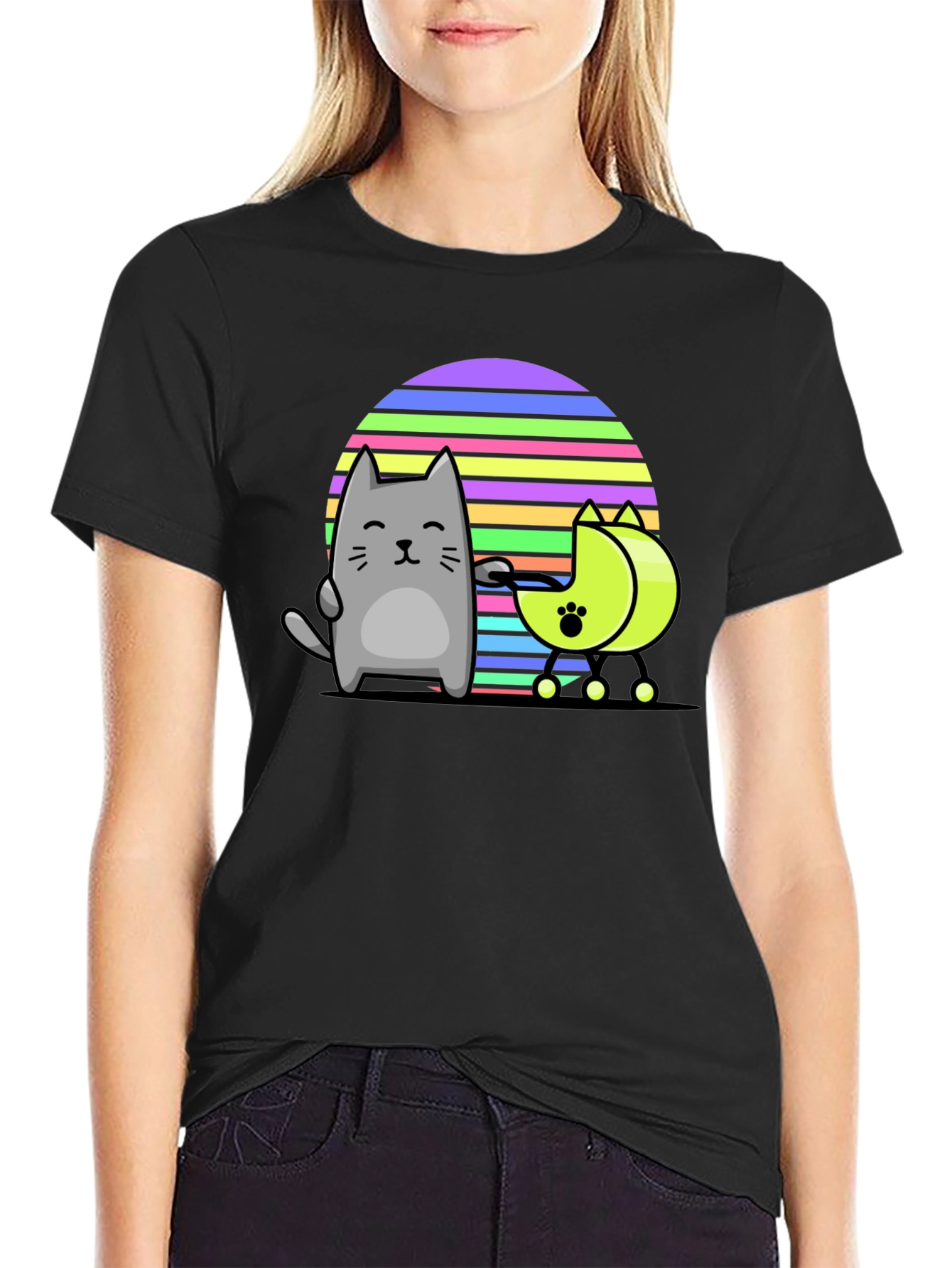 Cool Cat and Moon T-Shirt - Black