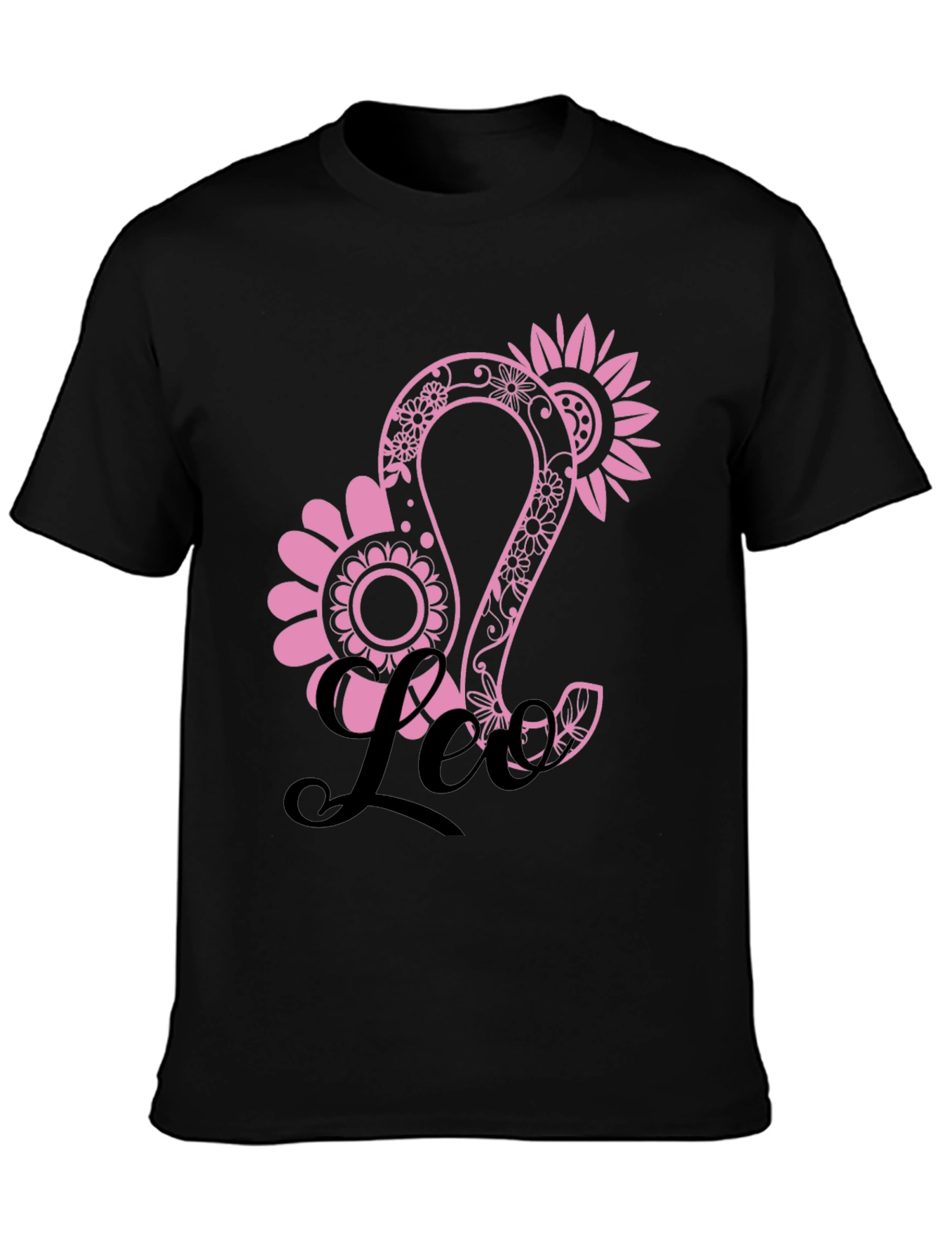 Floral Leo Zodiac Sign Black T-Shirt