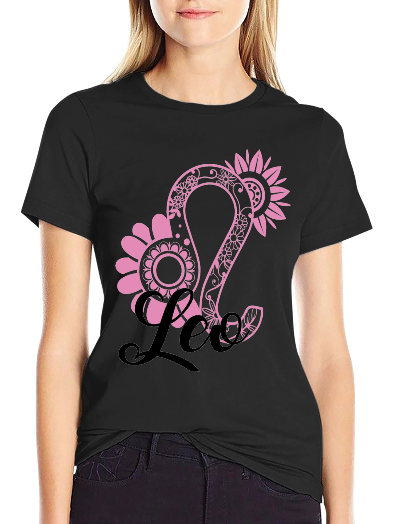 Floral Leo Zodiac Sign Black T-Shirt