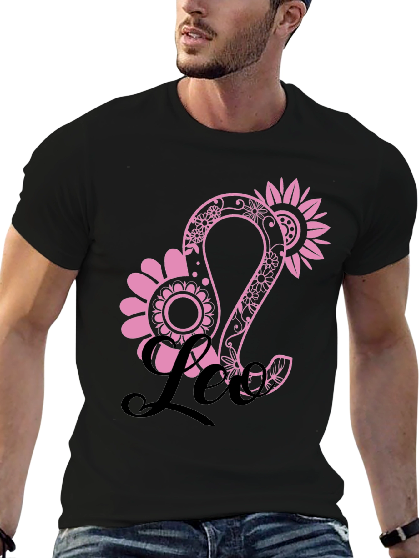 Floral Leo Zodiac Sign Black T-Shirt