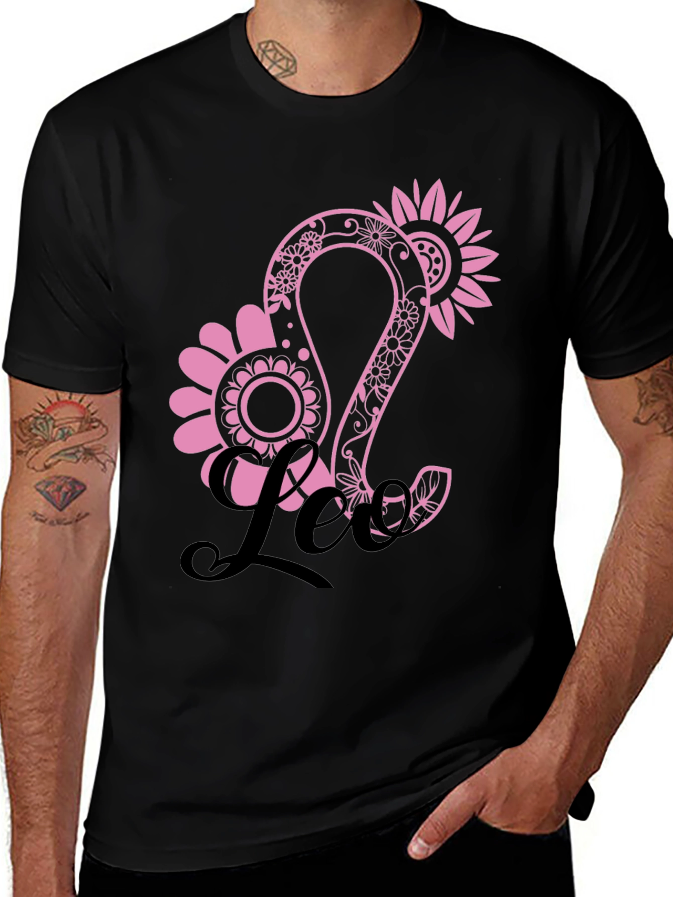 Floral Leo Zodiac Sign Black T-Shirt