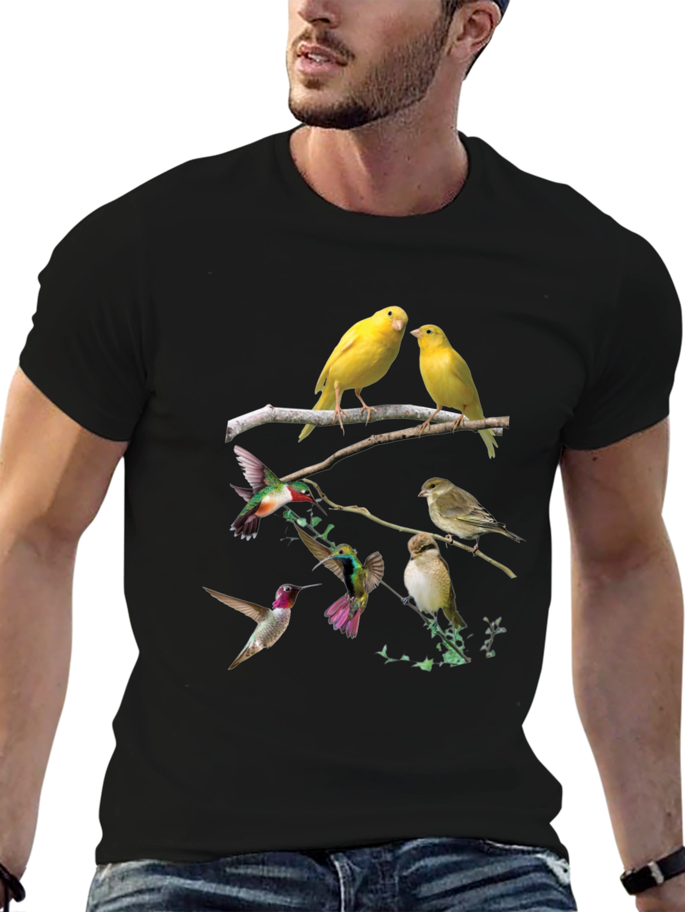 Bird Print Black T-Shirt - Nature Lovers Tee