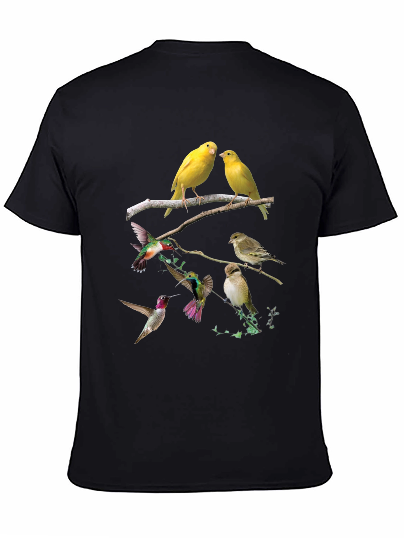 Bird Print Black T-Shirt - Nature Lovers Tee