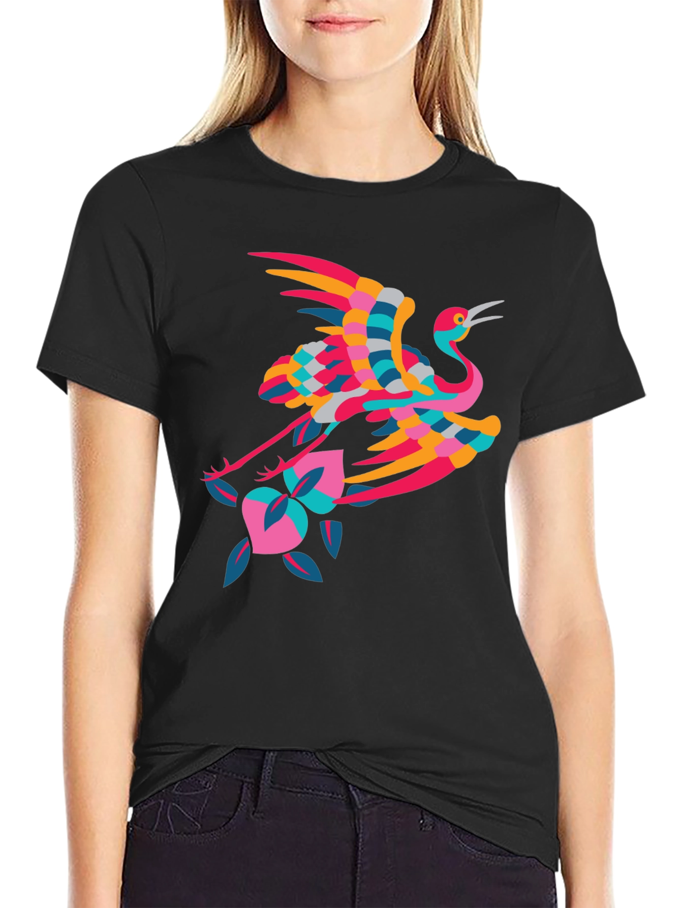 Stylish Crane Graphic Black T-Shirt